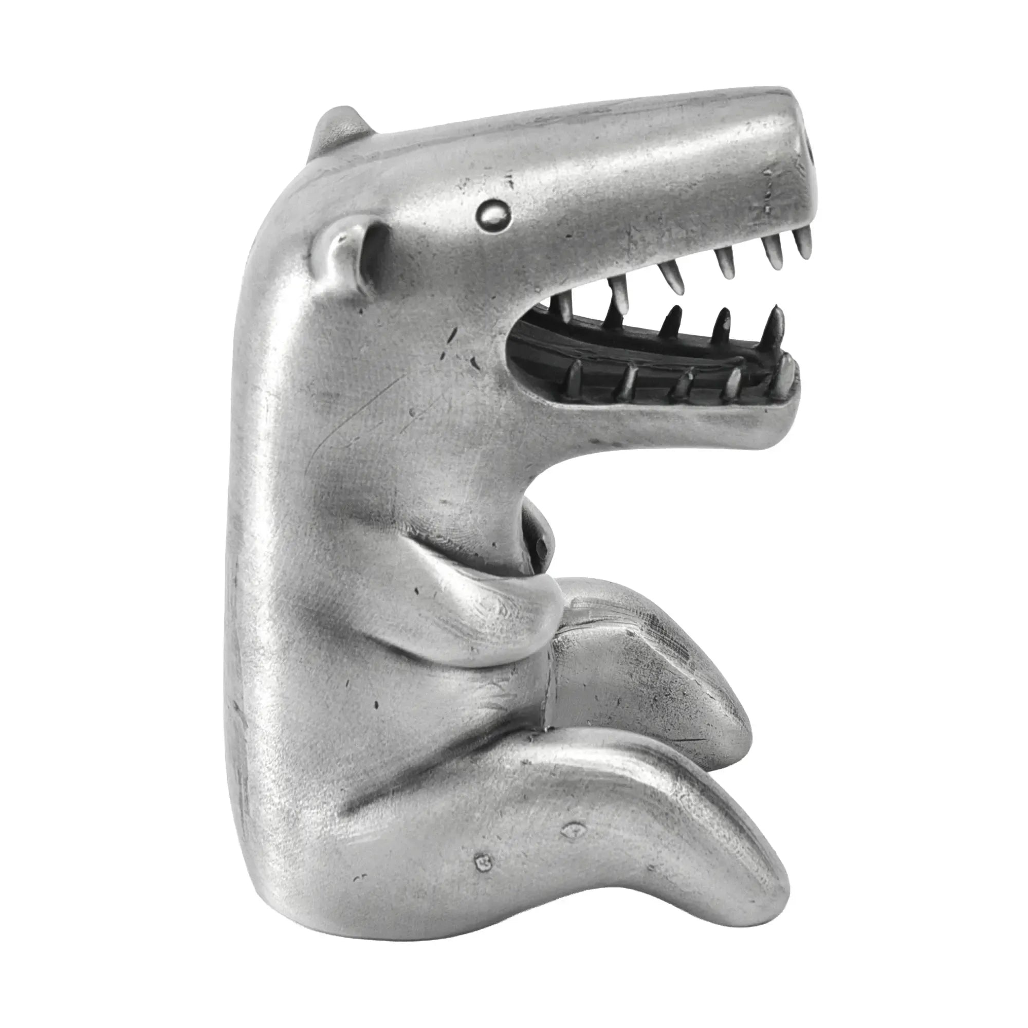 Cartoonfigur - Dino T-Rex Skulptur – Metallguss Dekofigur Silber – Abstrakte Dinosaurier Sammler-Deko Bestia Nan