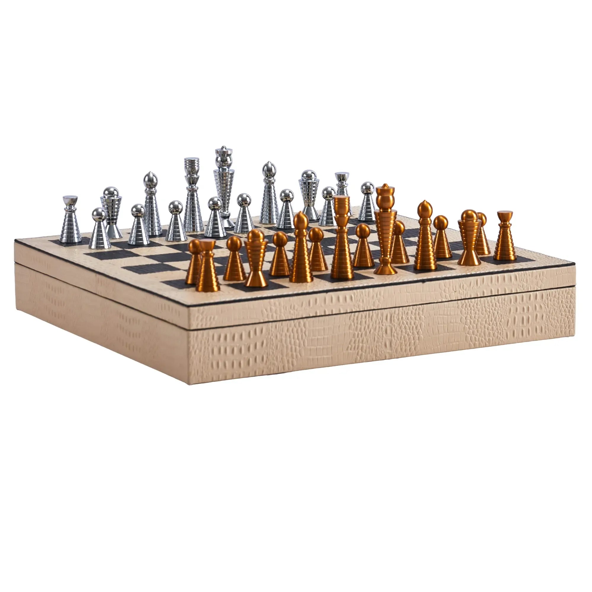Schachspiel - Strategisches Brettspiel – Schach-Set mit Metallfiguren auf Lederbox in Kroko-Prägung, Bicolor Gold & Silber – Ars Strategica Nan