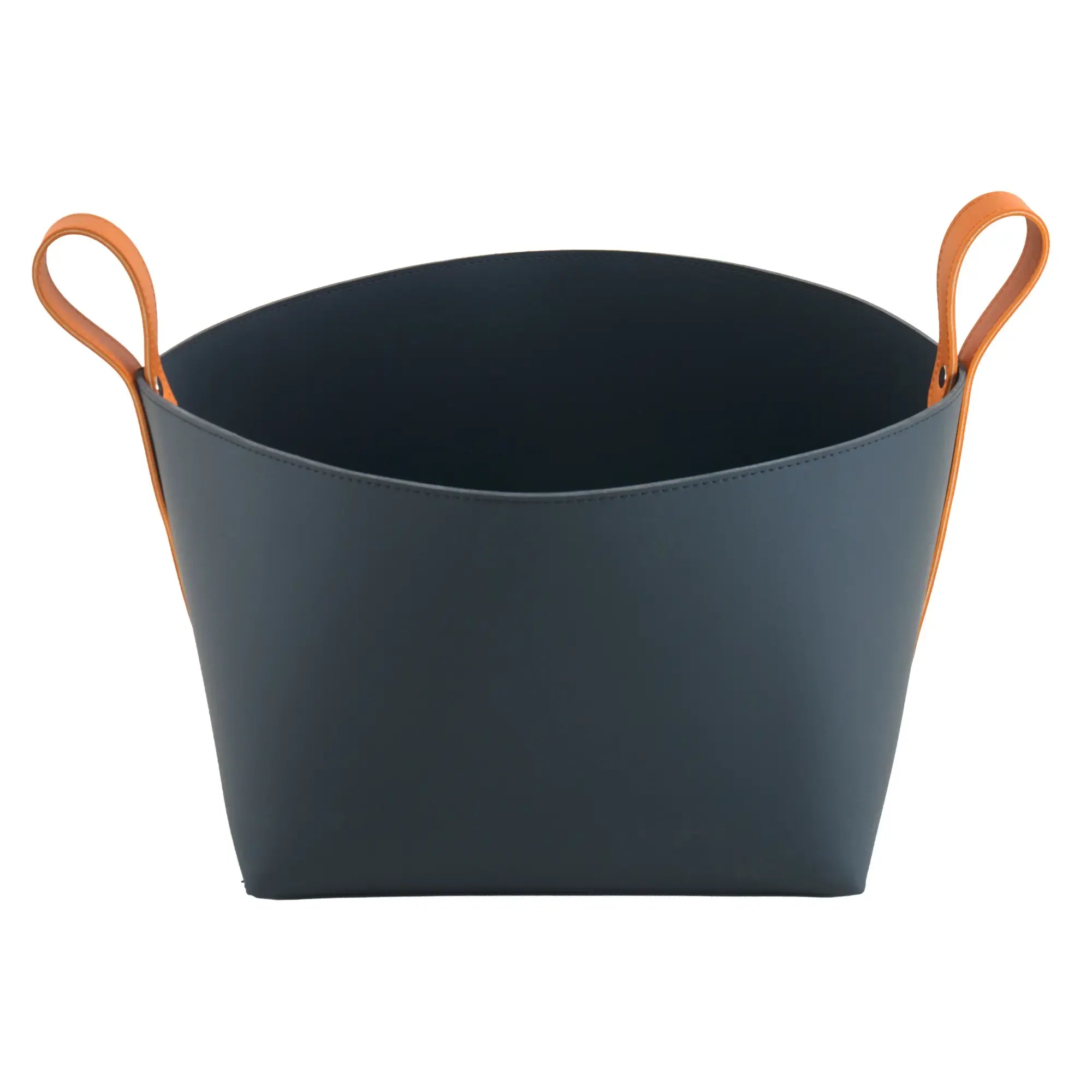 Wäschekorb - Lederkorb Skulpturaler Aufbewahrungskorb – Nachtblaues Leder mit cognacfarbenen Riemengriffen – Handgefertigtes Designobjekt Arca Nan