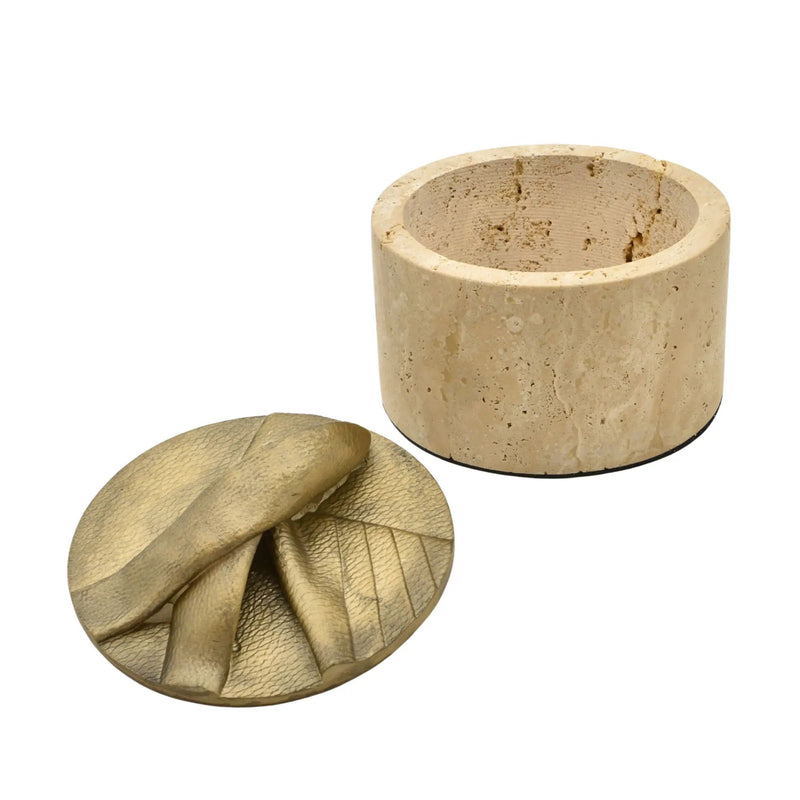 Aufbewahrungsbox - Schmuckdose aus Naturstein mit Messing-Deckel - Runde Design-Dose Aurea Travertina