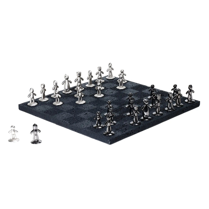 Schachspiel - Design-Spiel Skulpturales Metall auf Strukturbrett – Modernes Schachbrett mit polierten Figuren Equilibrio