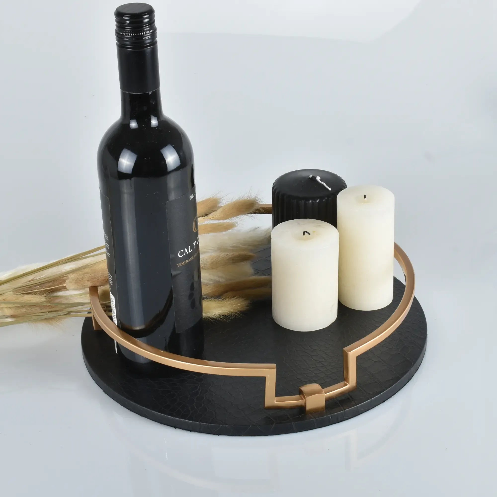 Serviertablett - mit Griff Lederoptik - Dekoratives Tablett rundes Tablett Eclipse Noir Default Title