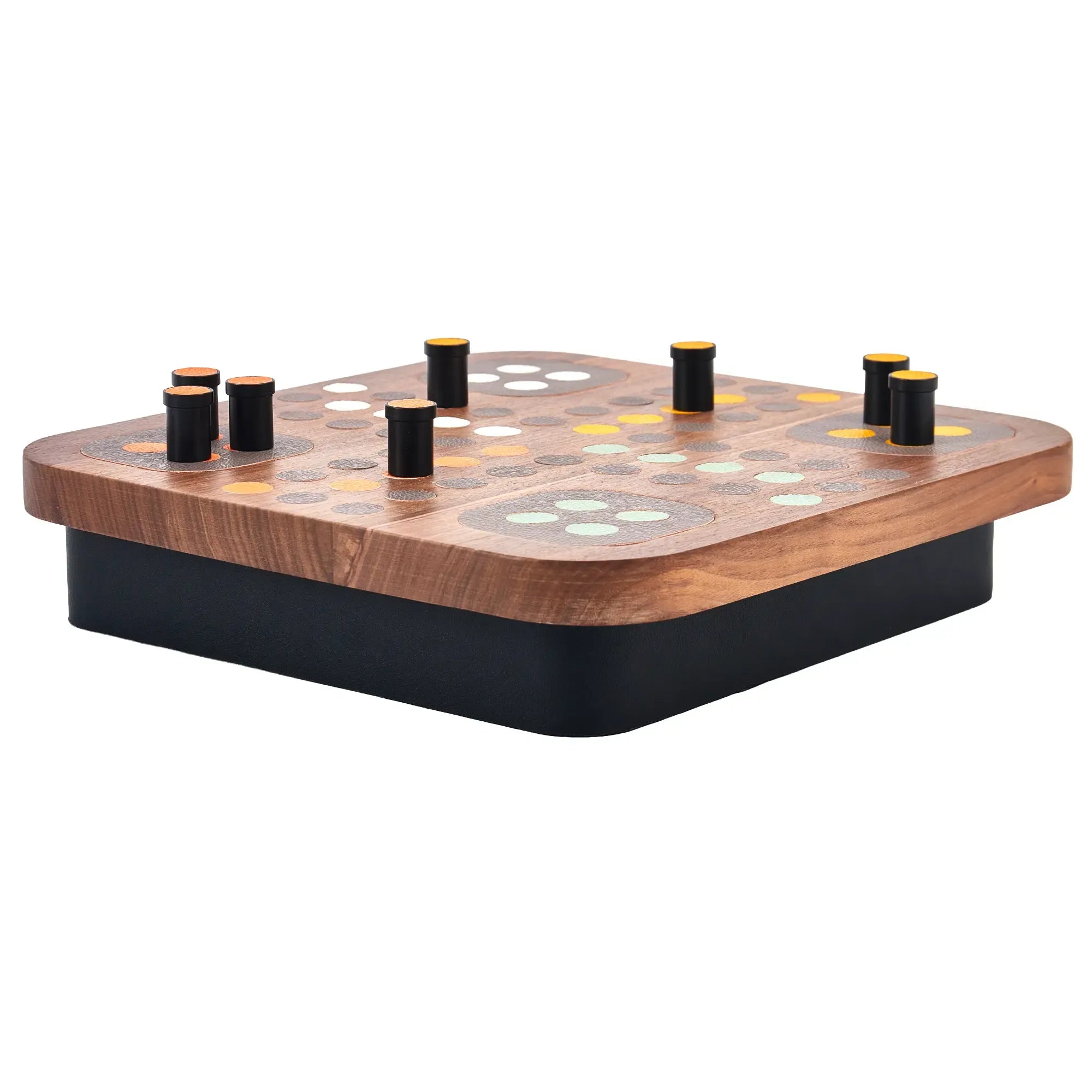 Solitaire-Spiel - Edles Design-Tischspiel aus Holz – Peg-Solitär auf mattschwarzem Sockel – Modernes Raster-Brettspiel – Ludus Équilibre Nan