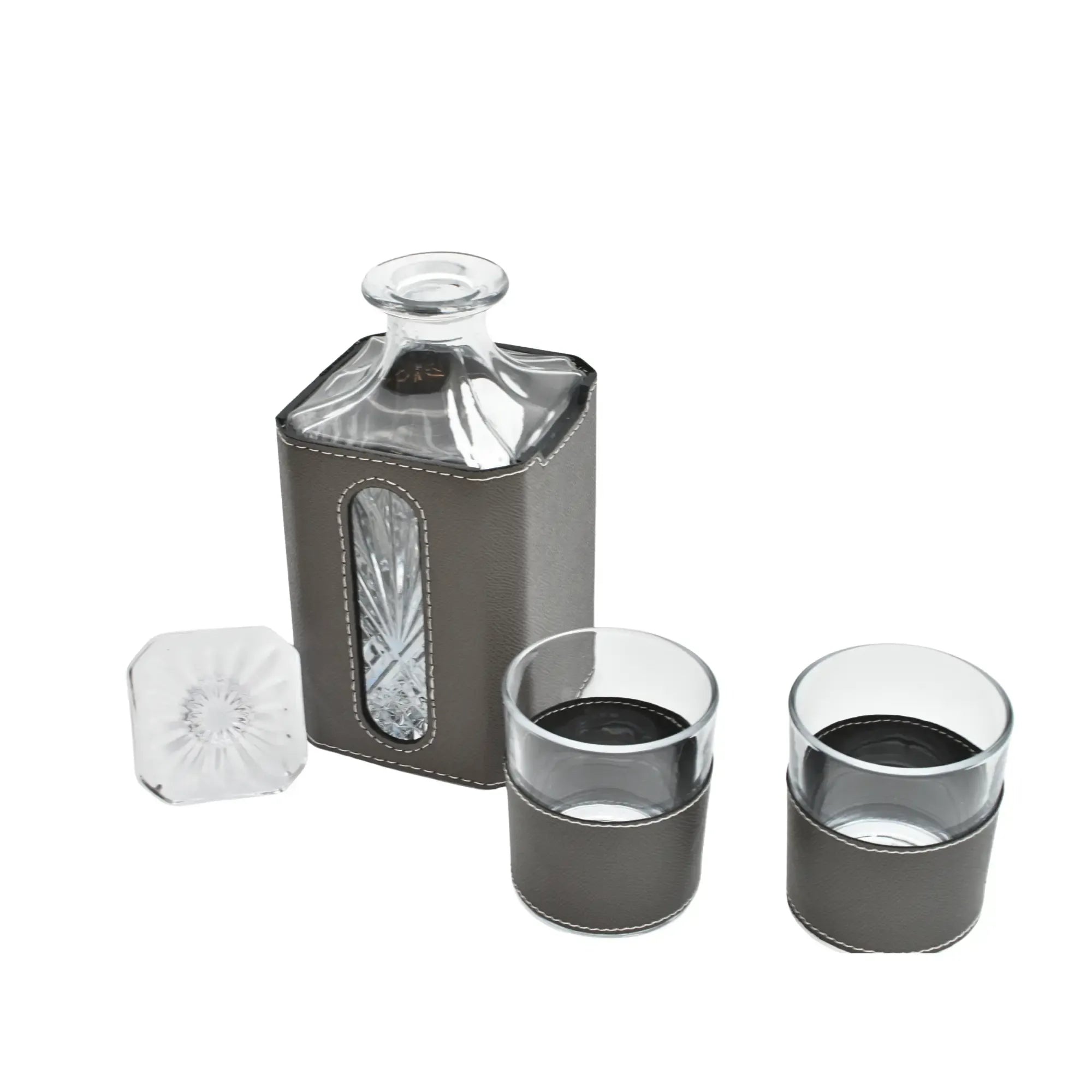 Whisky-Karaffen-Set - aus 3 Teilen mit Leder - Modernes Whiskyglas-Set Kunstlederumrandung Luxe Grau