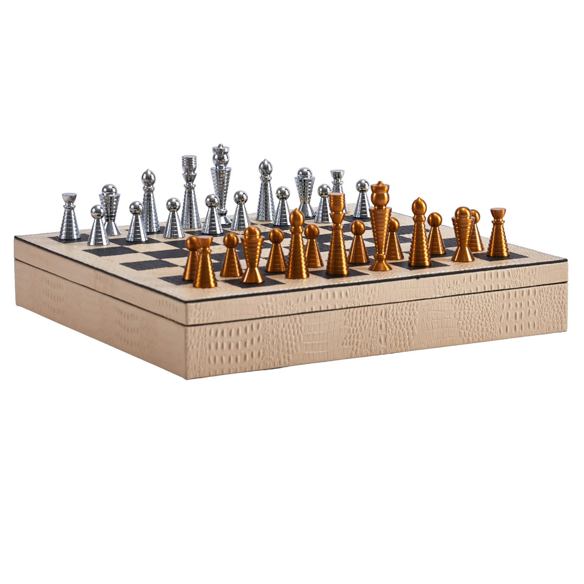 Schachspiel - Strategisches Brettspiel – Schach-Set mit Metallfiguren auf Lederbox in Kroko-Prägung, Bicolor Gold & Silber – Ars Strategica