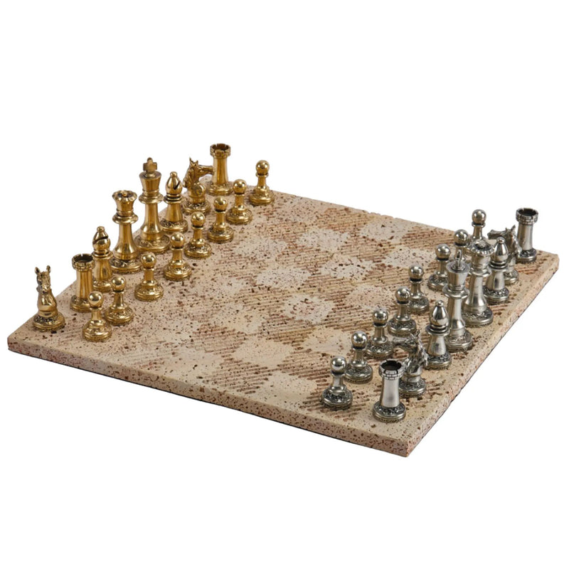 Schachspiel - Erlesenes Brettspiel – Schach-Set auf Steinplatte mit Metallfiguren in Gold & Silber Aurea Argentum Classique