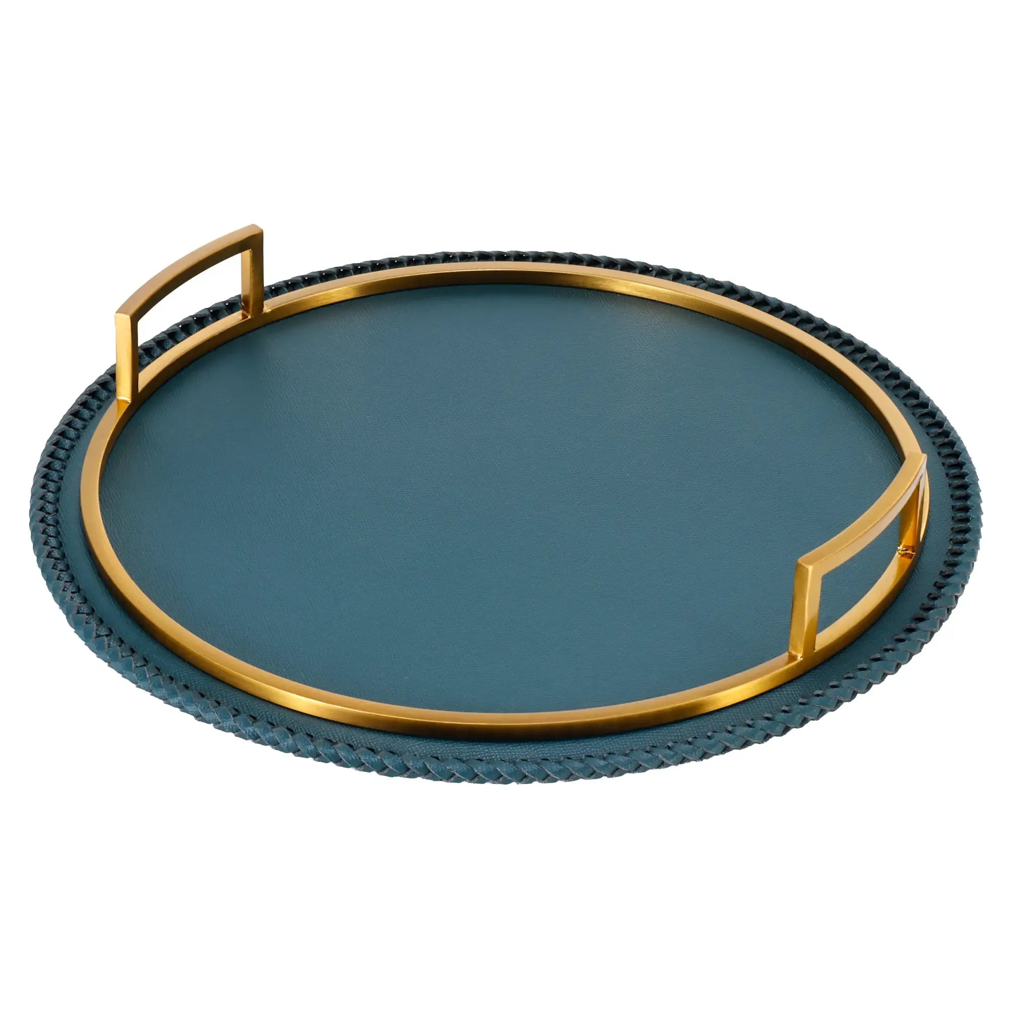 Serviertablett - Rundes Tablett – Kunstleder Petrol mit Griffen, handgenähte Serviertablage – Designobjekt Doré Nan