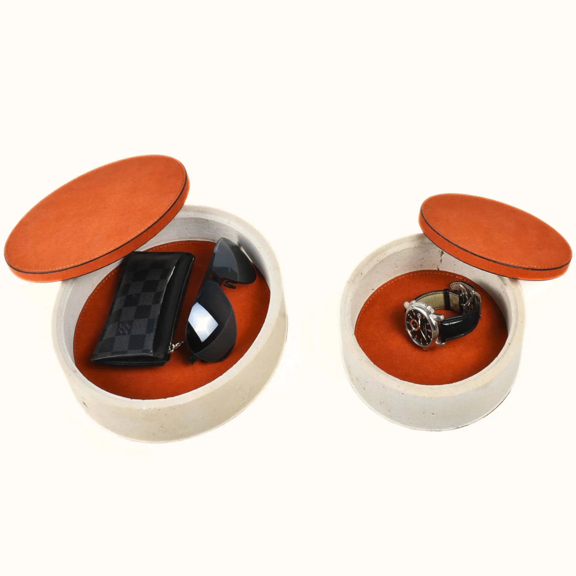 Travertin-Dose - rund mit Lederdeckel - Terracotta Aufbewahrungsdose Naturstein Schmuckbox Linea Luxe