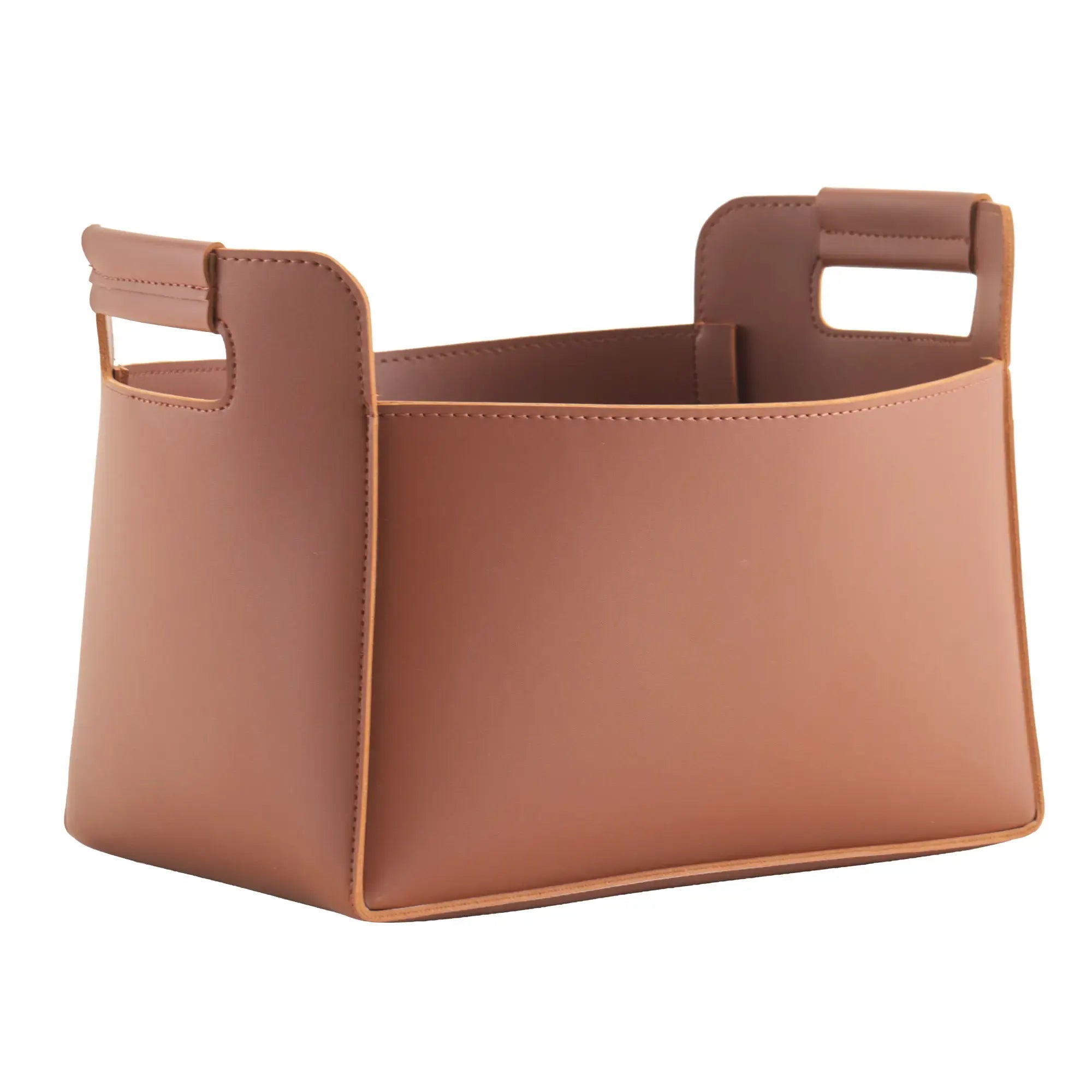 Aufbewahrungskorb - Lederkorb Skulpturaler Organizer – cognacfarbene Lederoptik, handvernäht – Cut-out-Griffe mit Polsterung Arca Nan