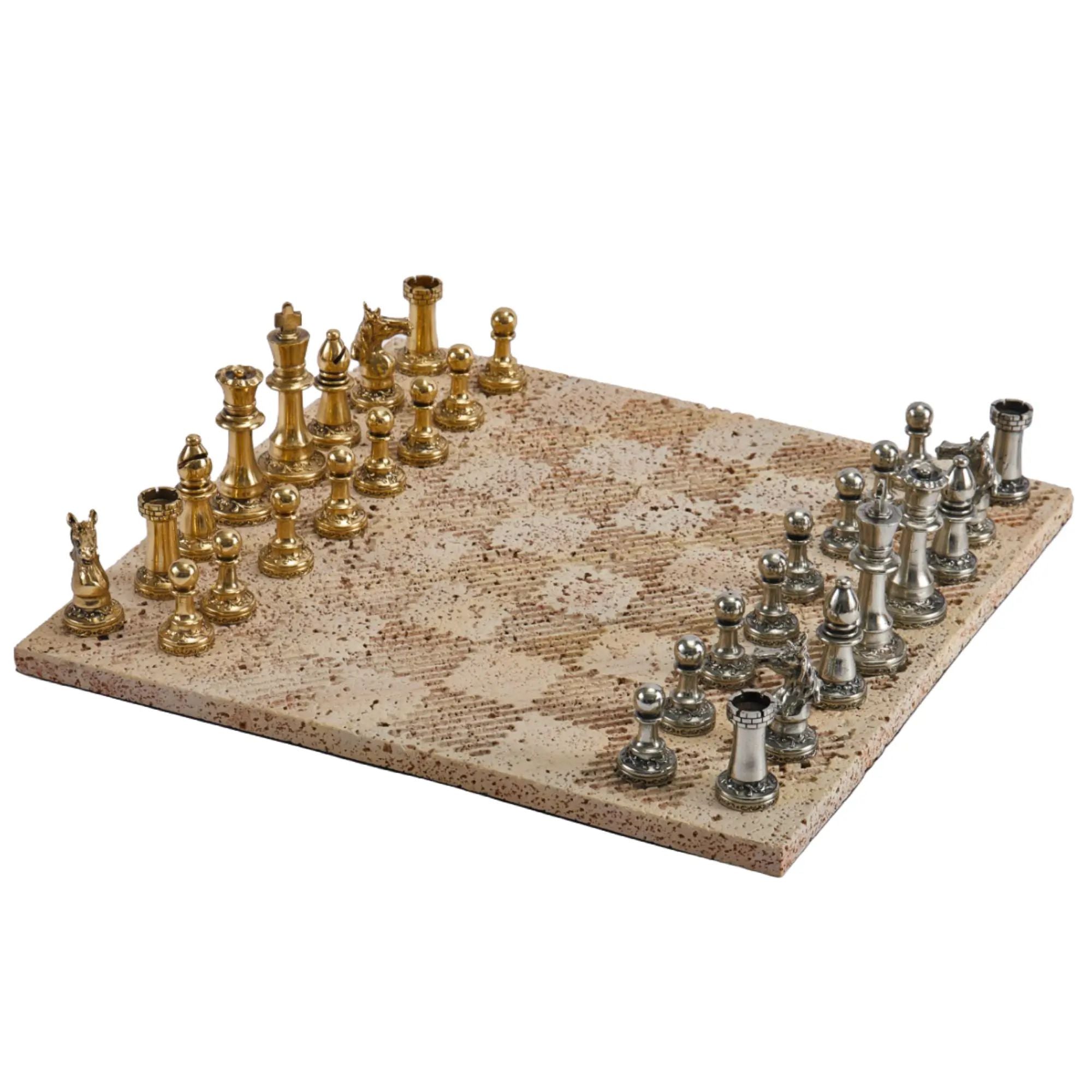 Schachspiel - Erlesenes Brettspiel – Schach-Set auf Steinplatte mit Metallfiguren in Gold & Silber Aurea Argentum Classique Nan