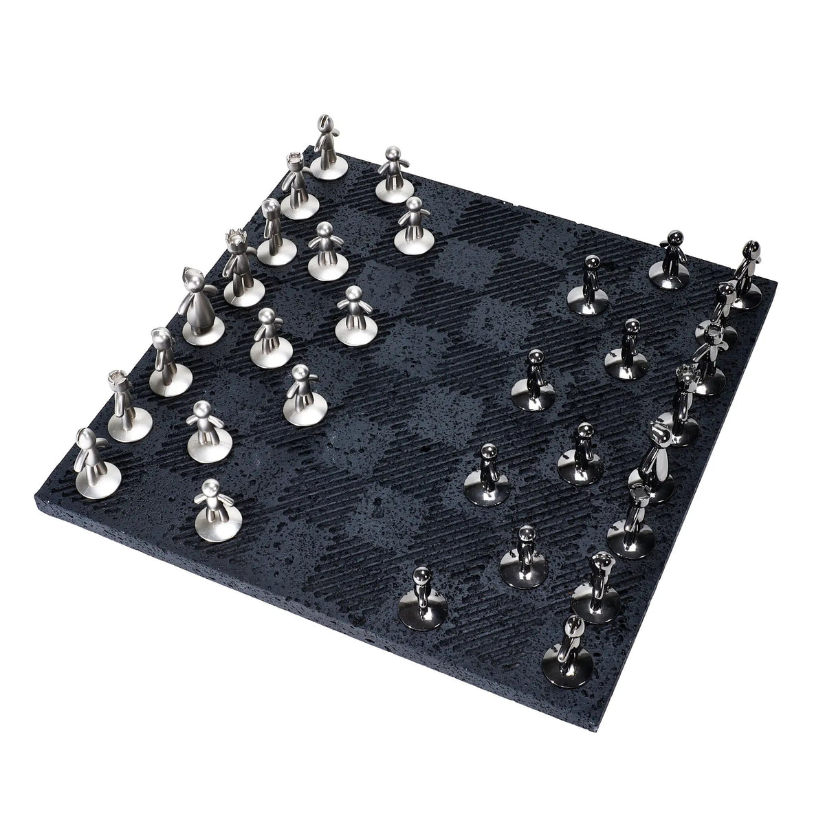 Schachspiel - Design-Spiel Skulpturales Metall auf Strukturbrett – Modernes Schachbrett mit polierten Figuren Equilibrio