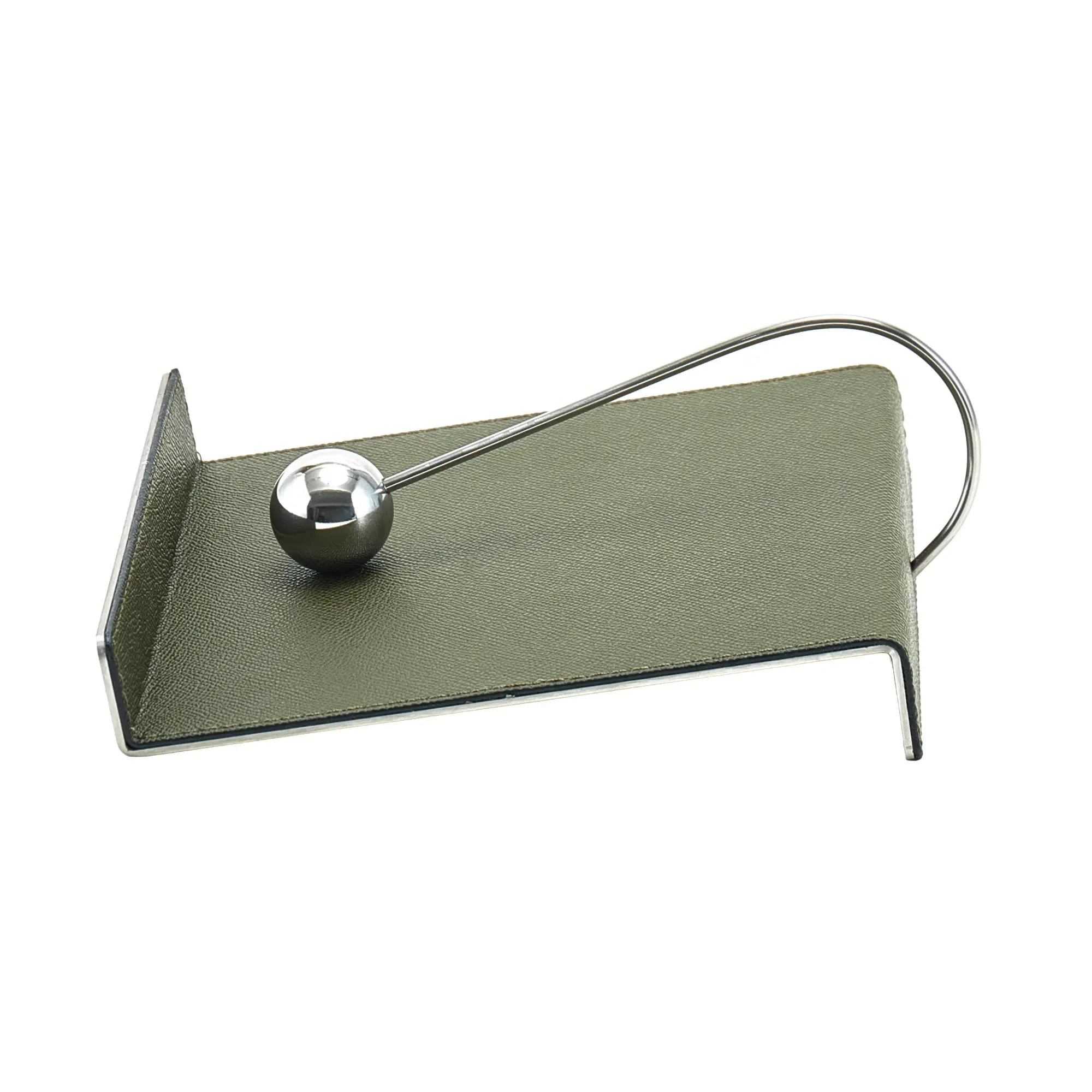 Serviettenhalter - Skulpturaler Tisch-Serviettenhalter – Olivgrüne Lederoptik mit poliertem Edelstahl-Kugelarm – Design-Küchenaccessoire Equilibre Nan