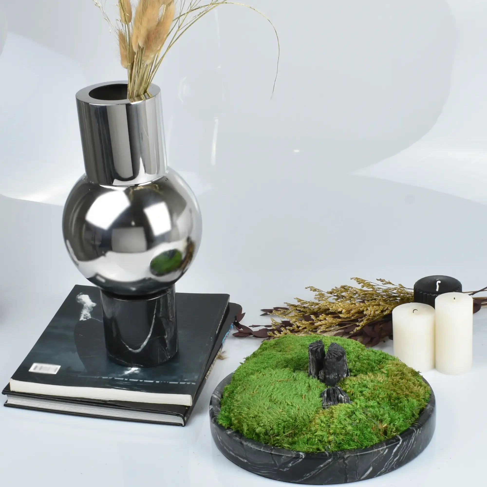 Moosdekoration - in Marmorschale - Runde Moos-Dekoschale mit Holzelement Terra Lux