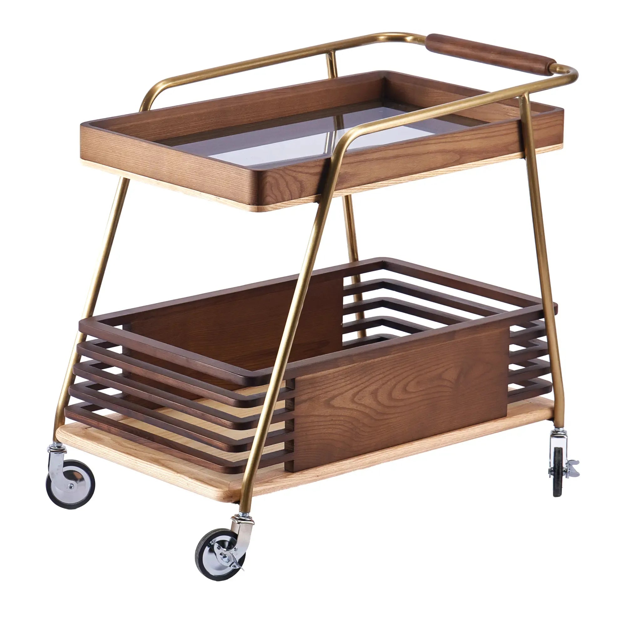 Servierwagen - Barwagen zweistufig – Nussbaumholz & Messingrahmen – Rollender Design-Trolley Mid‑Century Linea Aurea Nan