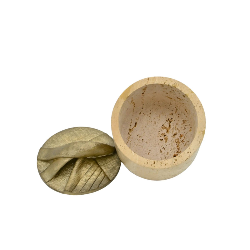 Aufbewahrungsbox - Schmuckdose aus Naturstein mit Messing-Deckel - Runde Design-Dose Aurea Travertina