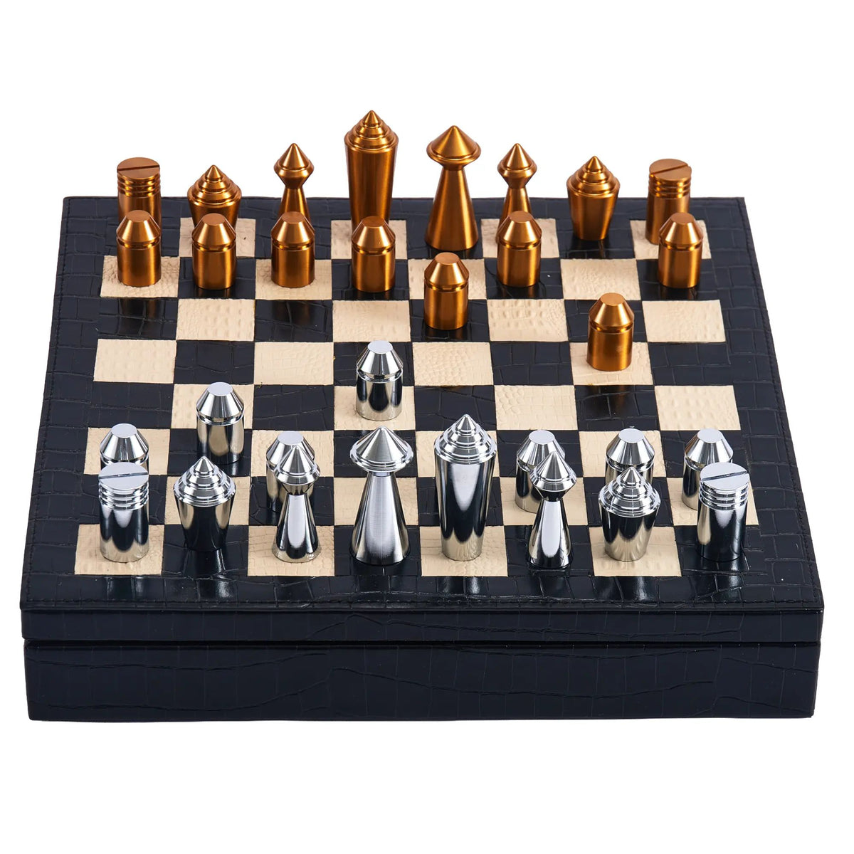 Schachspiel - Design-Brettspiel – Metall-Schach auf strukturiertem Lederkorpus, Chrom & Kupfer – Échecs Aurea