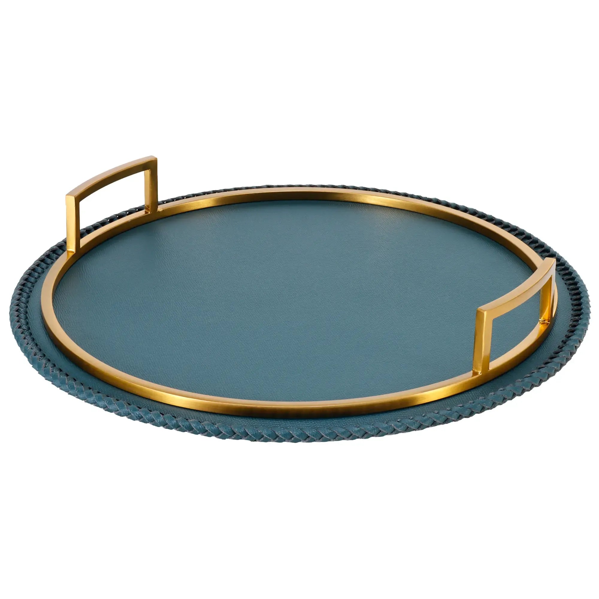 Serviertablett - Rundes Tablett – Kunstleder Petrol mit Griffen, handgenähte Serviertablage – Designobjekt Doré Nan