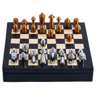 Schachspiel - Design-Brettspiel – Metall-Schach auf strukturiertem Lederkorpus, Chrom & Kupfer – Échecs Aurea