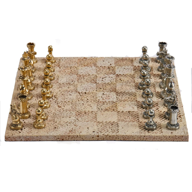Schachspiel - Erlesenes Brettspiel – Schach-Set auf Steinplatte mit Metallfiguren in Gold & Silber Aurea Argentum Classique