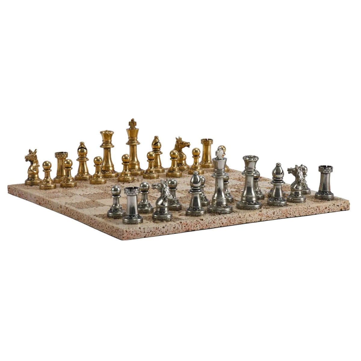 Schachspiel - Erlesenes Brettspiel – Schach-Set auf Steinplatte mit Metallfiguren in Gold & Silber Aurea Argentum Classique