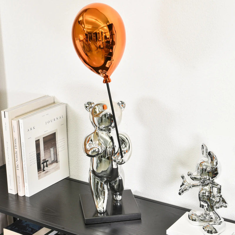 Cartoonfigur - Skulptur – Cartoon Chrom-Bär mit Ballon – Pop-Art Designobjekt Argentum