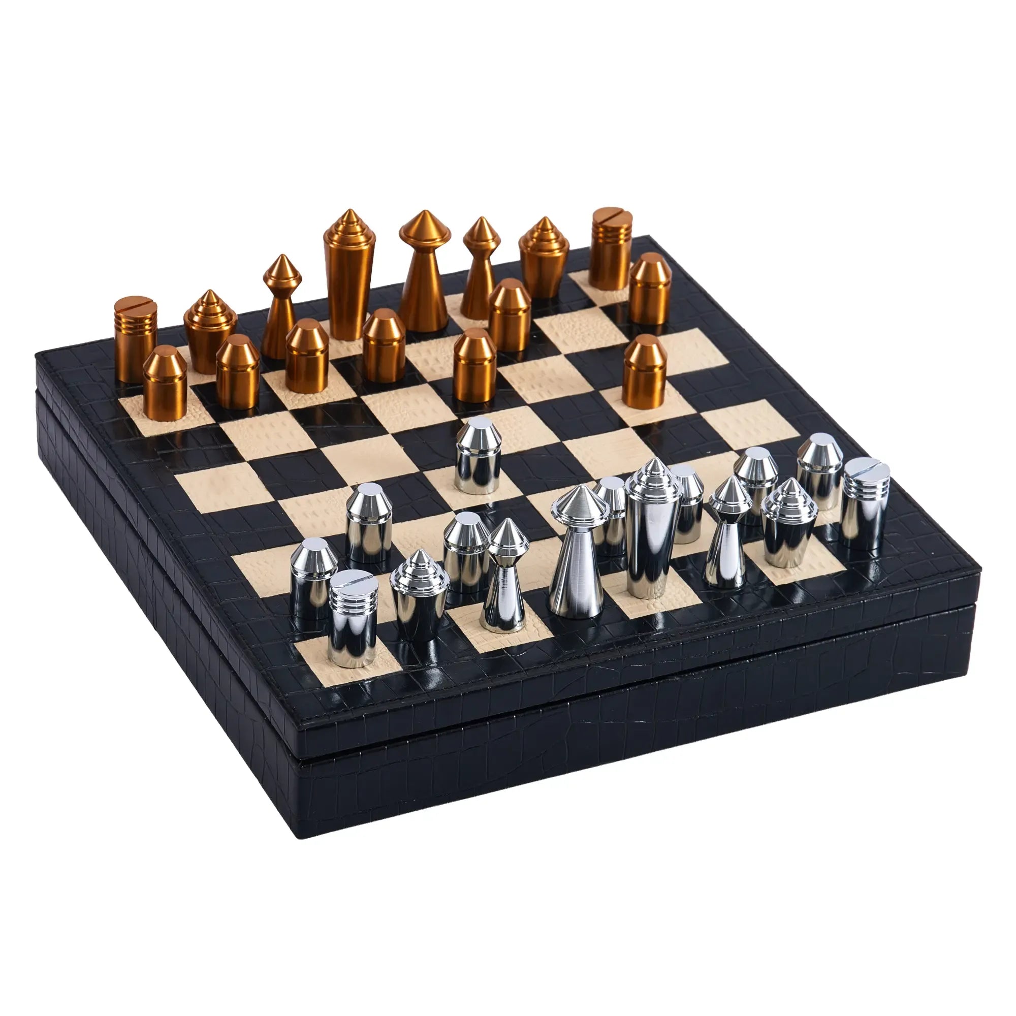 Schachspiel - Design-Brettspiel – Metall-Schach auf strukturiertem Lederkorpus, Chrom & Kupfer – Échecs Aurea Nan