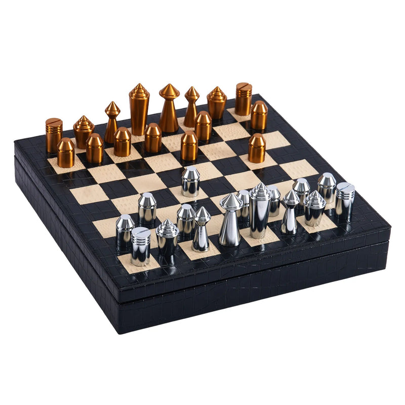 Schachspiel - Design-Brettspiel – Metall-Schach auf strukturiertem Lederkorpus, Chrom & Kupfer – Échecs Aurea
