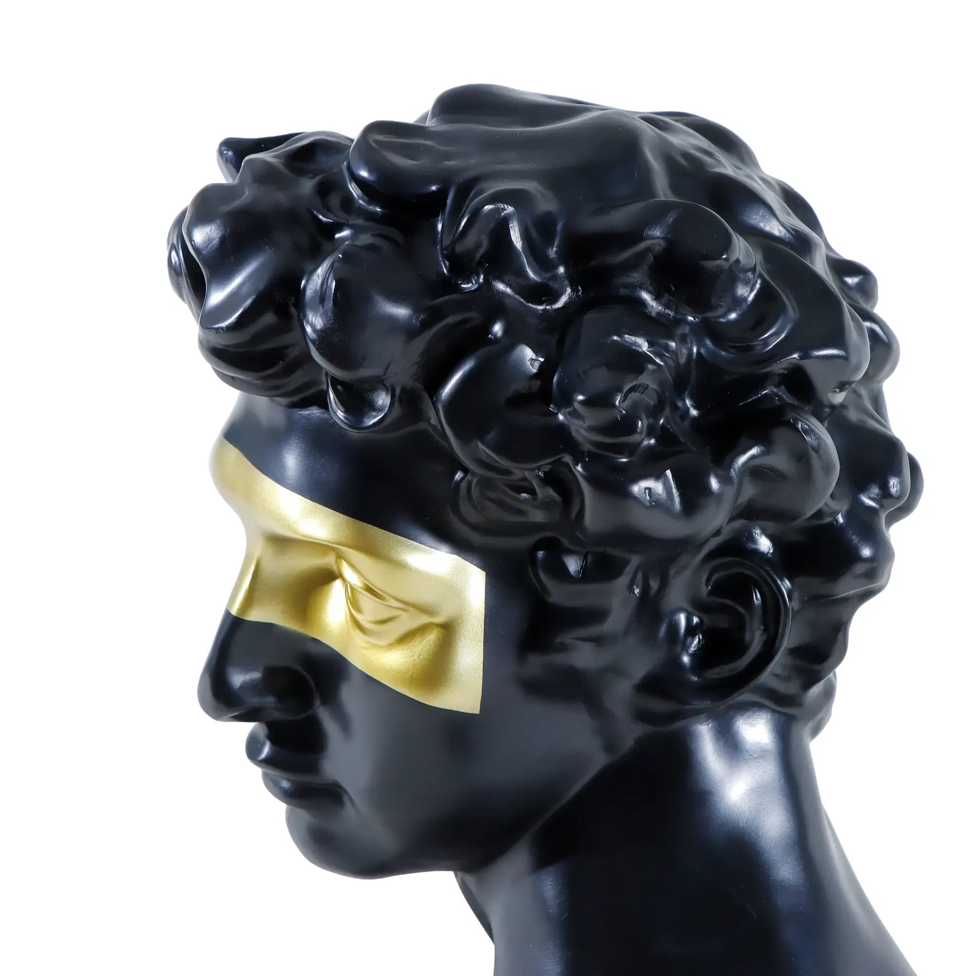 Dekobüste - Skulpturale Büste – Mattschwarz mit goldener Augenbinde – David-Interpretation Deko-Objekt Aurea Nan