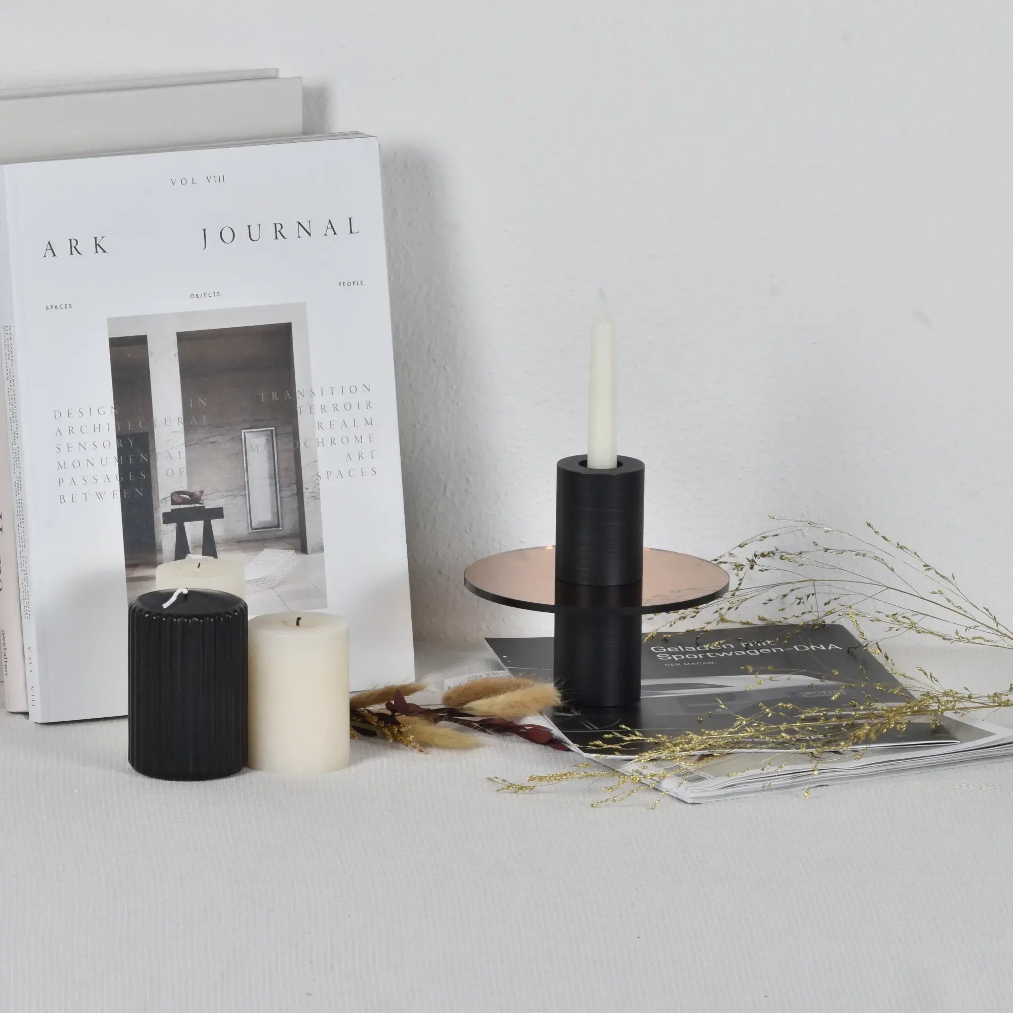 Kerzenständer - mit Kupfer Glasplatte - Design Kerzenhalter rund Edelstahl Portacandela Giro