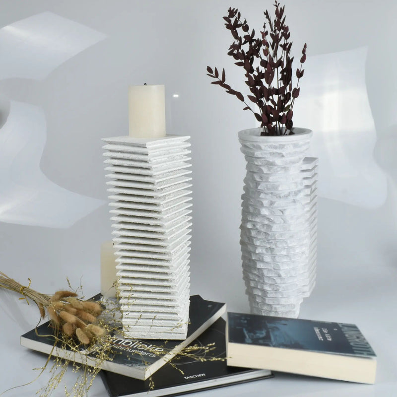 Dekoobjekt - 3D Wellen-turmform - Abstraktes Deko-Objekt Säule Betonoptik Torre Strata
