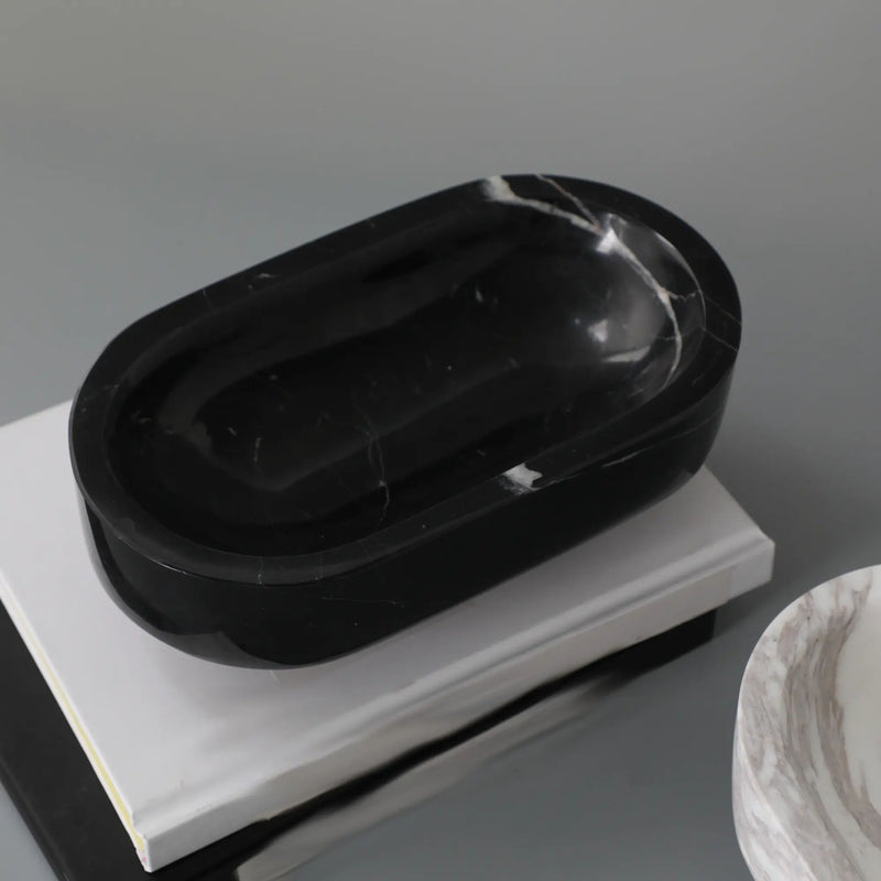 Marmorschale - oval mit Fuß - Massive Steinschale Design Deko-Schale Obsidian Tray