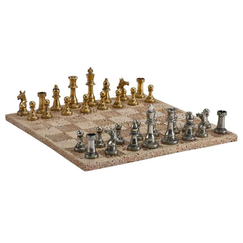 Schachspiel - Erlesenes Brettspiel – Schach-Set auf Steinplatte mit Metallfiguren in Gold & Silber Aurea Argentum Classique