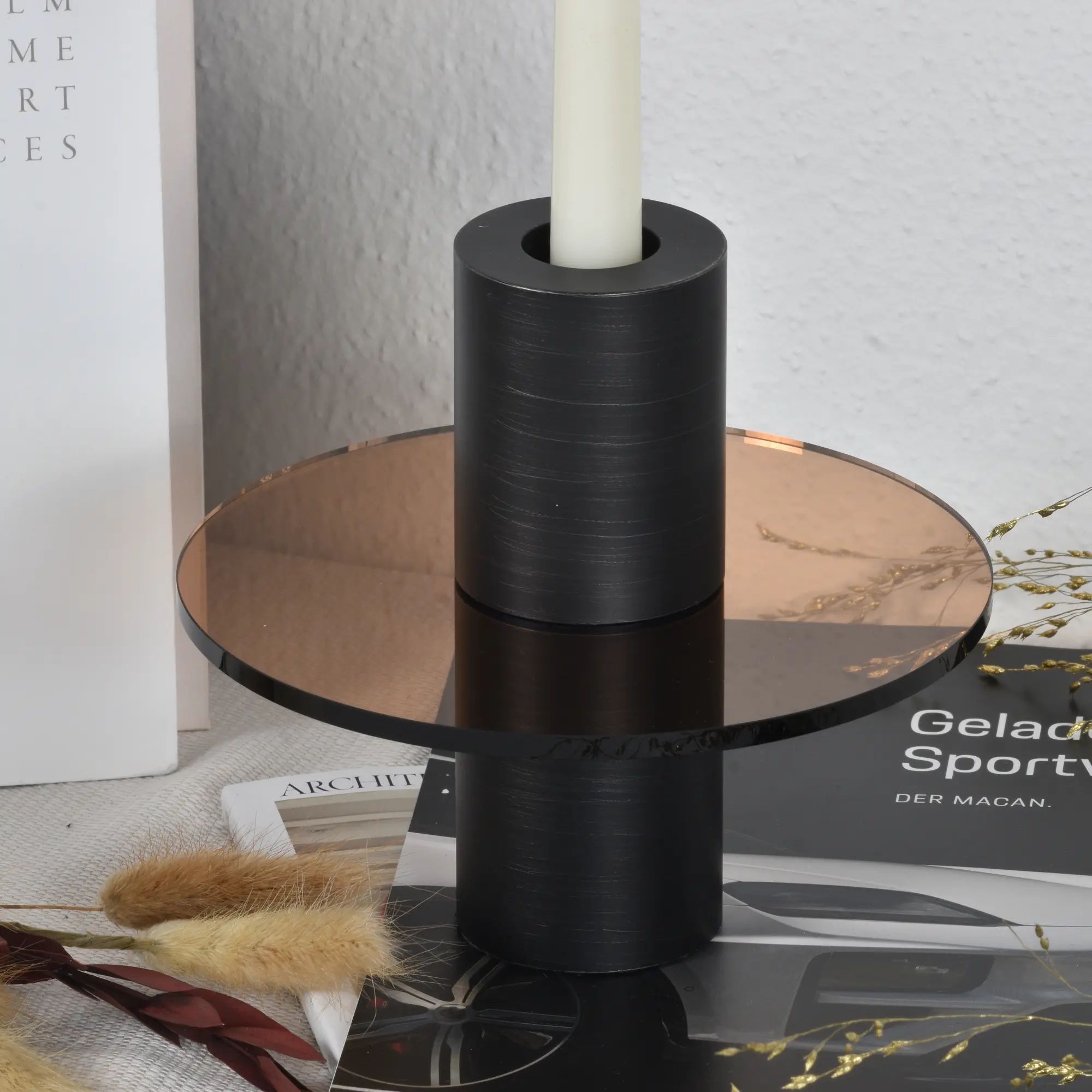 Kerzenständer - mit Kupfer Glasplatte - Design Kerzenhalter rund Edelstahl Portacandela Giro Default Title