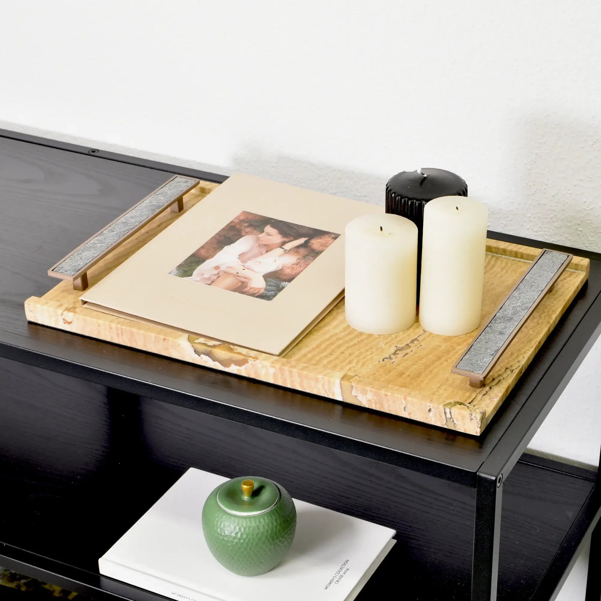 Tablett - Naturstein mit Metallgriffen - Serviertablett – Rechteckiges Marmortablett Servierplatte Aurea Nan