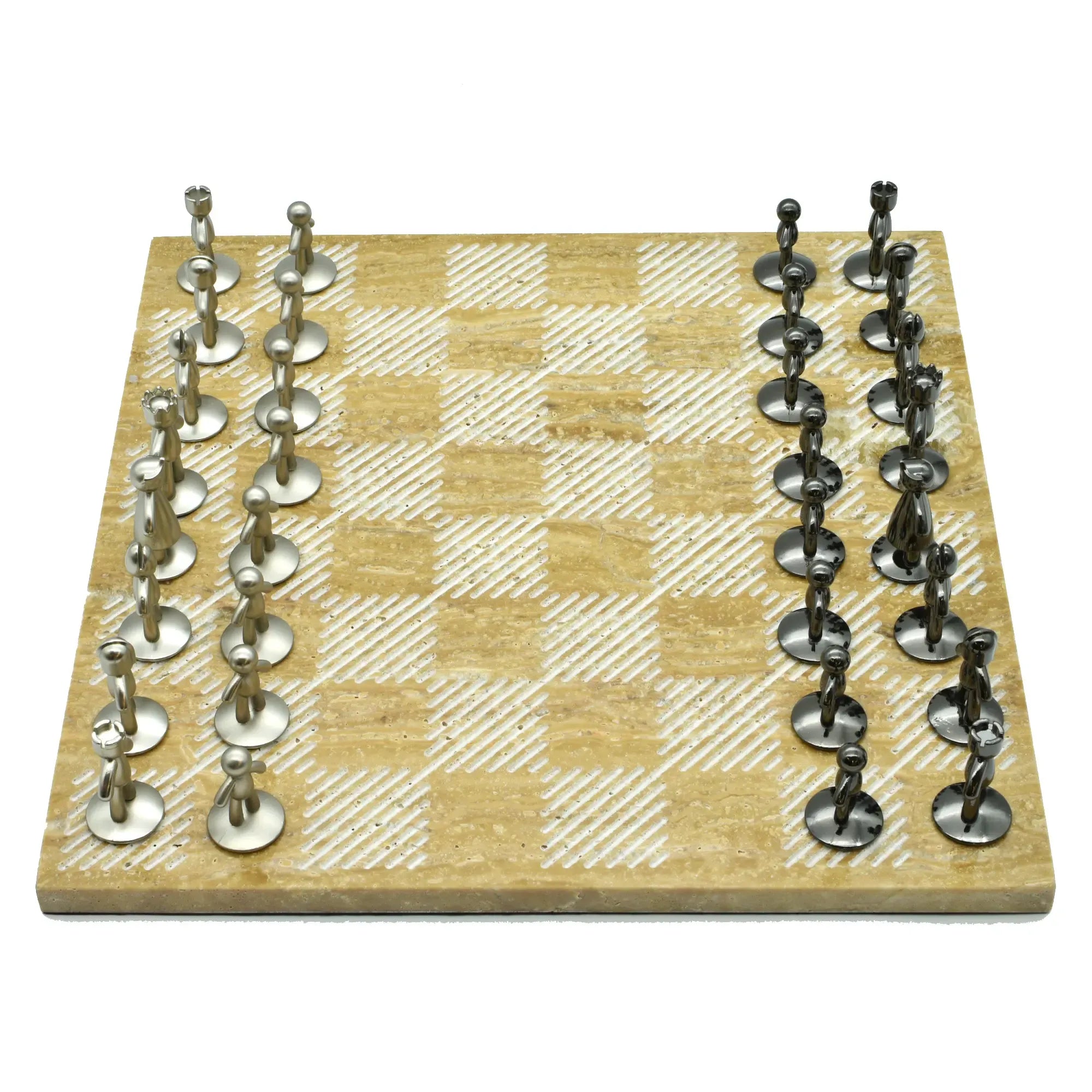 Schachspiel - Edles Tischspiel – Travertin-Schachbrett mit Metallfiguren – Design-Schach Ludus Nan