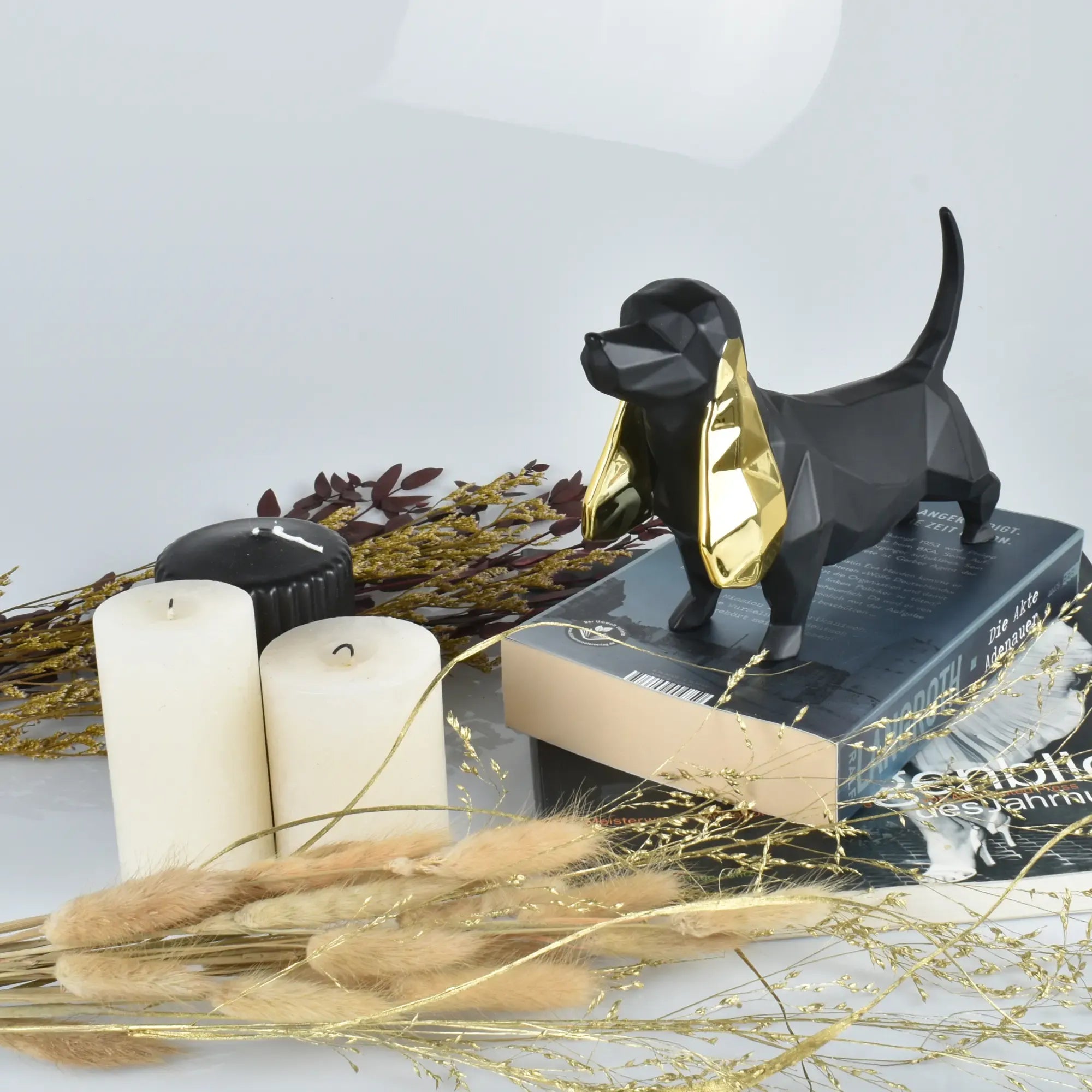 Tierfigur - Dackel - Hundfigur eckig mit Gold oder Roten ohren Teckel Schwarz-Gold