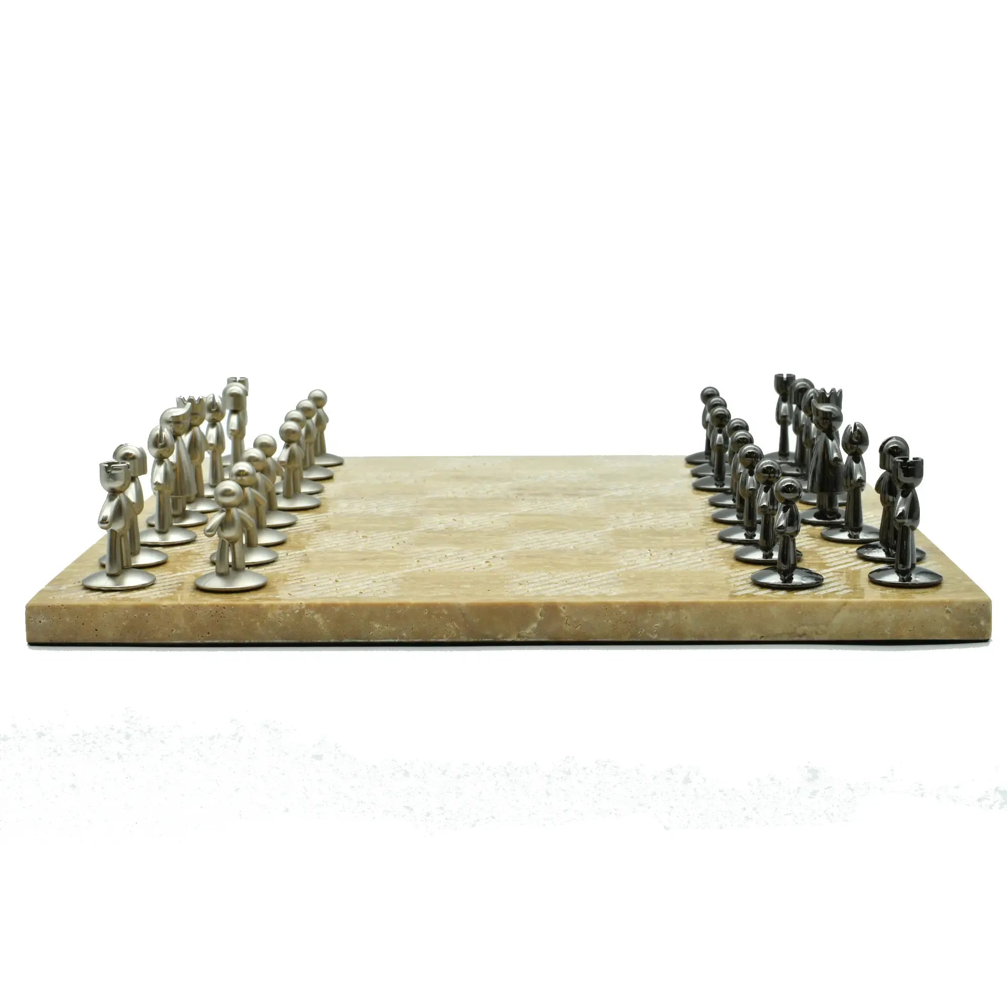 Schachspiel - Edles Tischspiel – Travertin-Schachbrett mit Metallfiguren – Design-Schach Ludus Nan