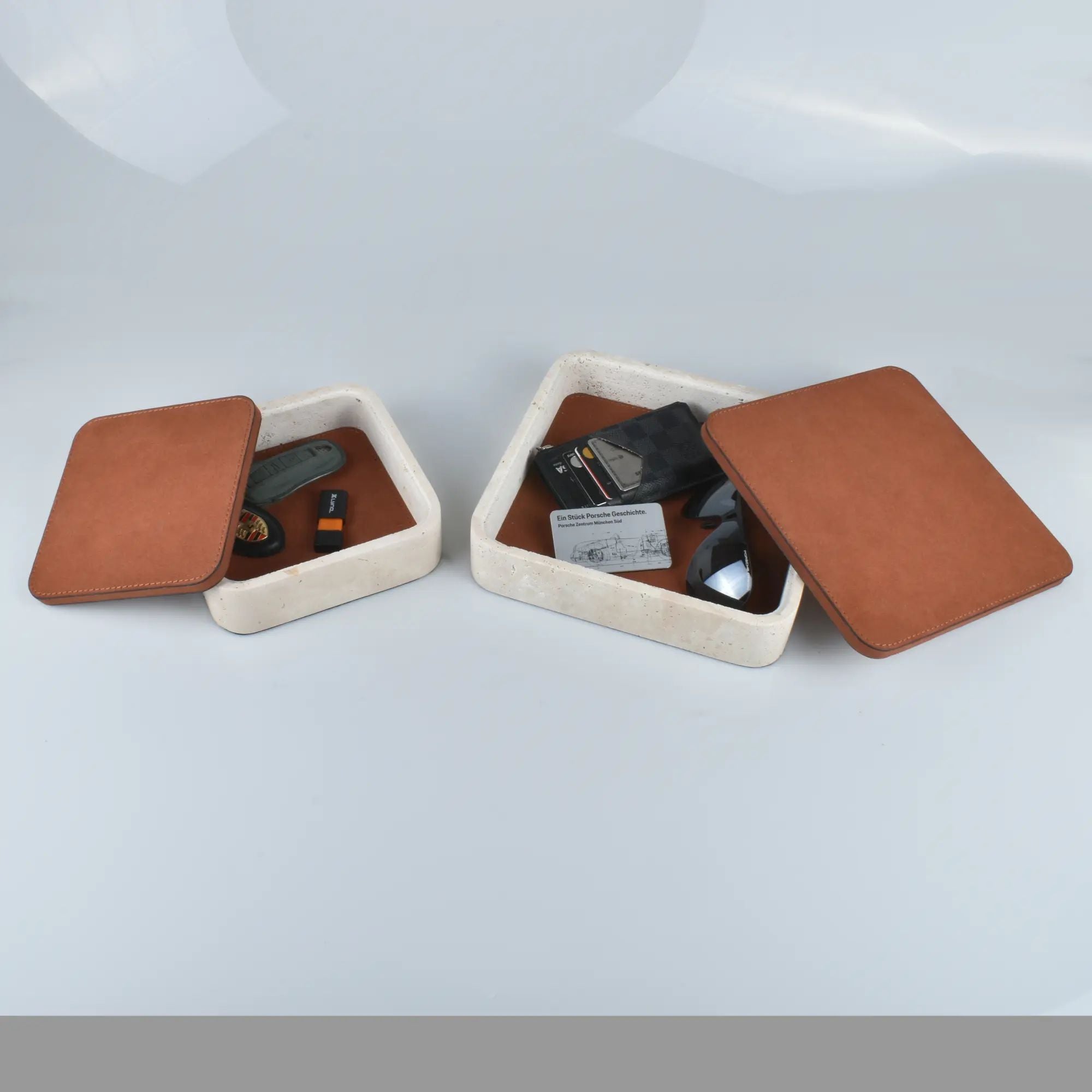 Aufbewahrungsbox - mit Lederdeckel - Quadratische Ablagedose Schmuckkästchen Linea Luxe Square Terrakot-Klein