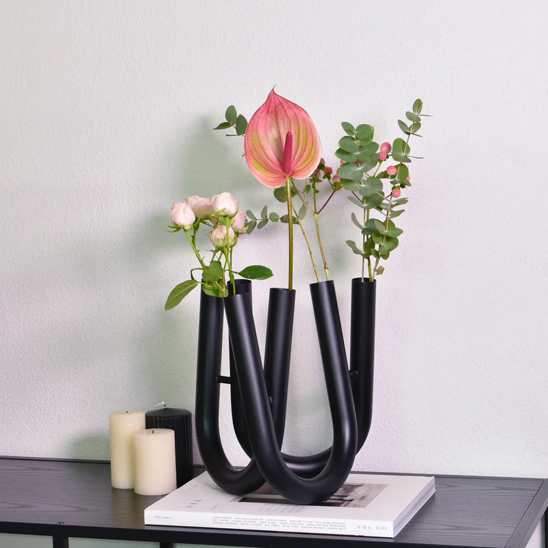 Edelstahlvase - U-Förmig - 6 Öffnungen Tischvase mit 3 Vasenarmen moderne Vaso Eterno