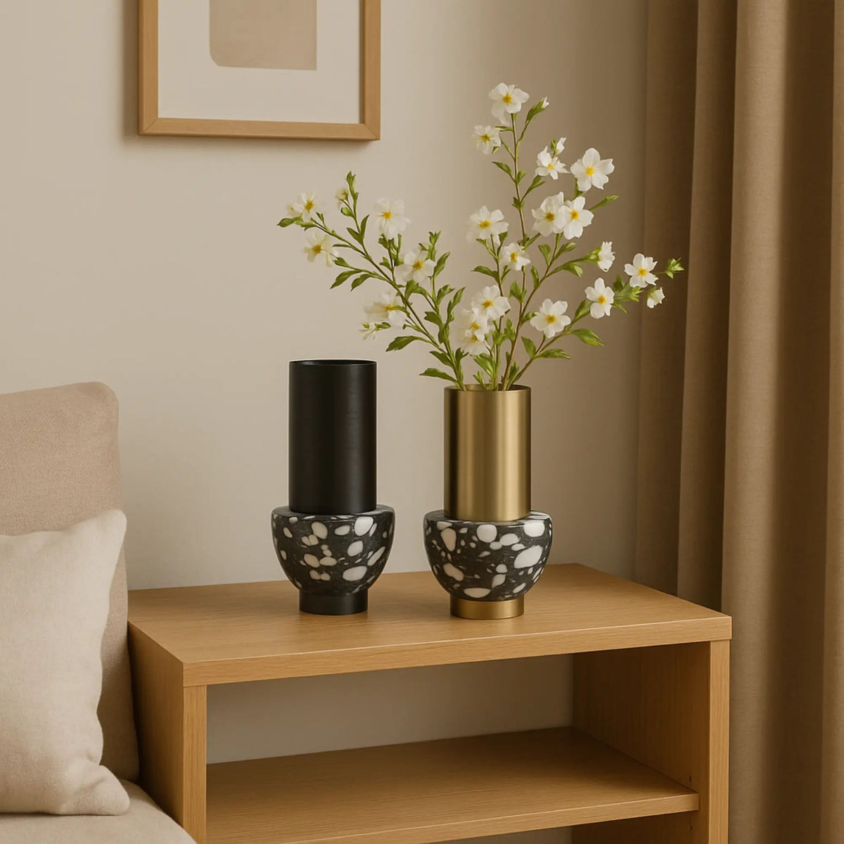 Edelstahlvase - mit Marmor - Runde Designervase Gebürstet Noble