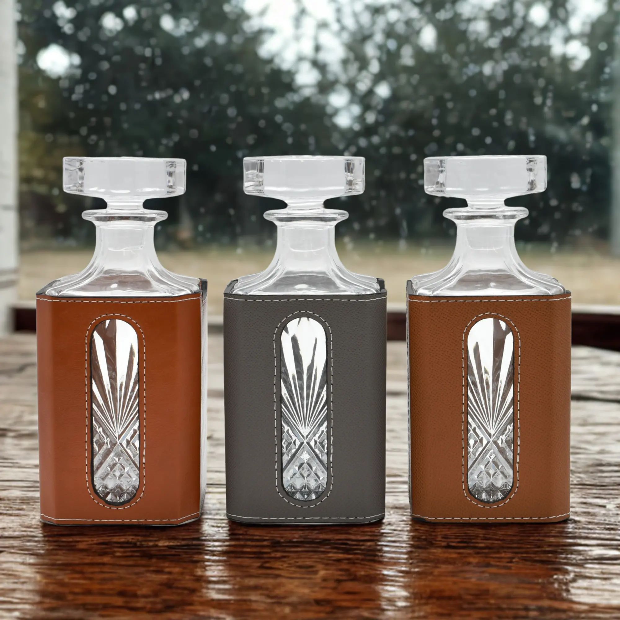 Whisky-Karaffen-Set - aus 3 Teilen mit Leder - Modernes Whiskyglas-Set Kunstlederumrandung Luxe Braun