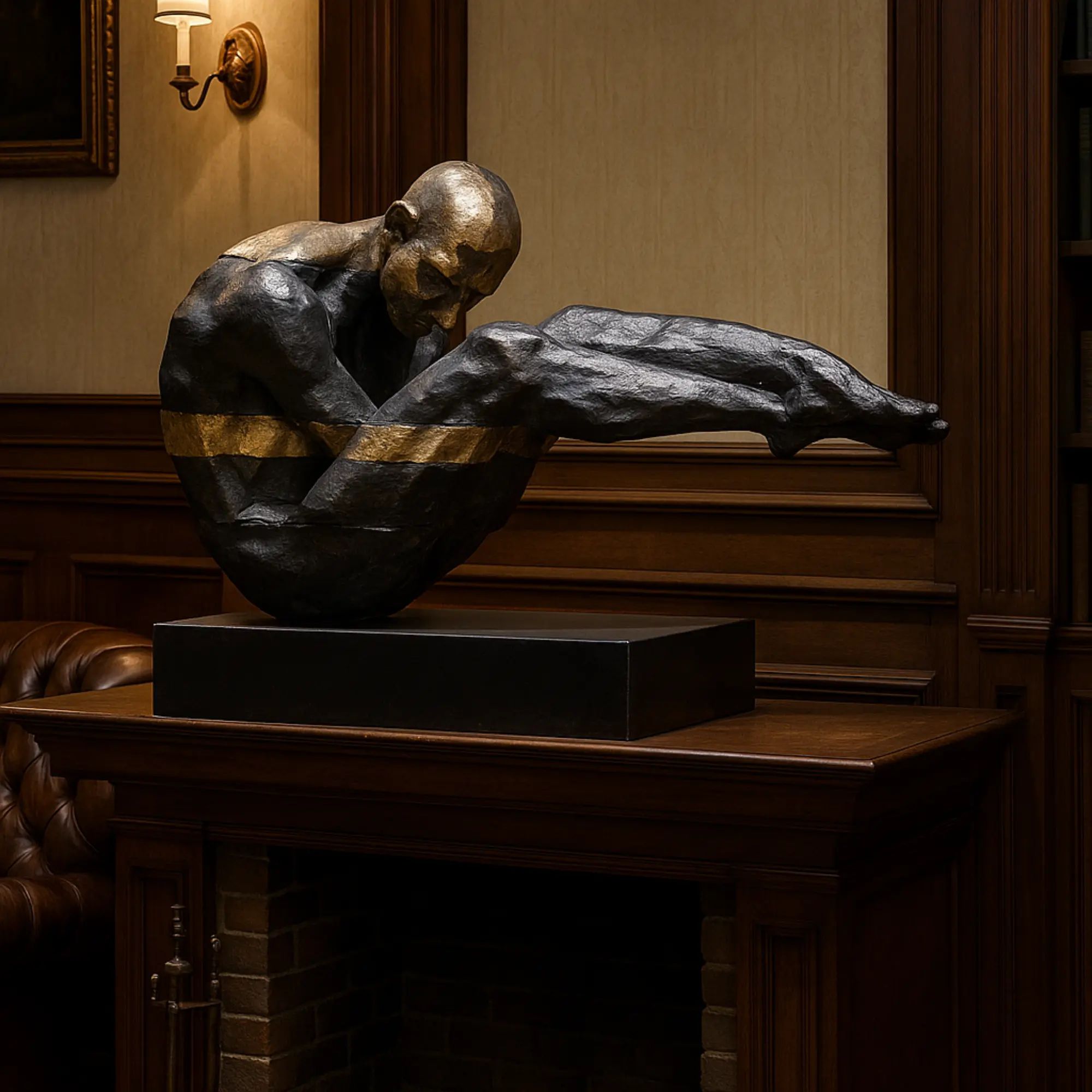 Kunststein-Skulptur - gebeugte Menschenfigur - Kunststein auf Sockel Human Arc aufgestellt im Interieur