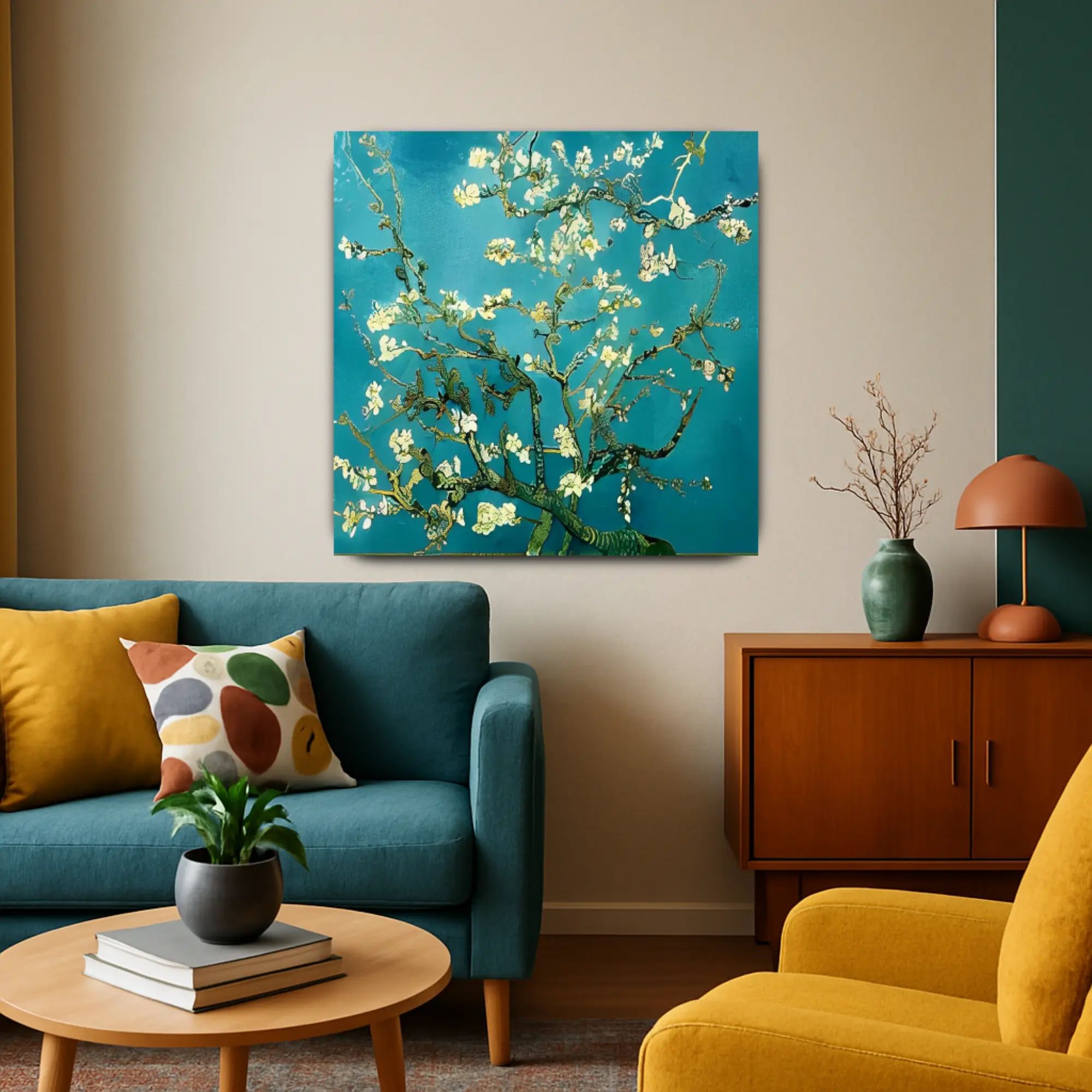 Großes Gemälde - Van Goghs Blühender Mandelbaumzweig, Reproduktion - Ramas en Flor aufgestellt im Interieur