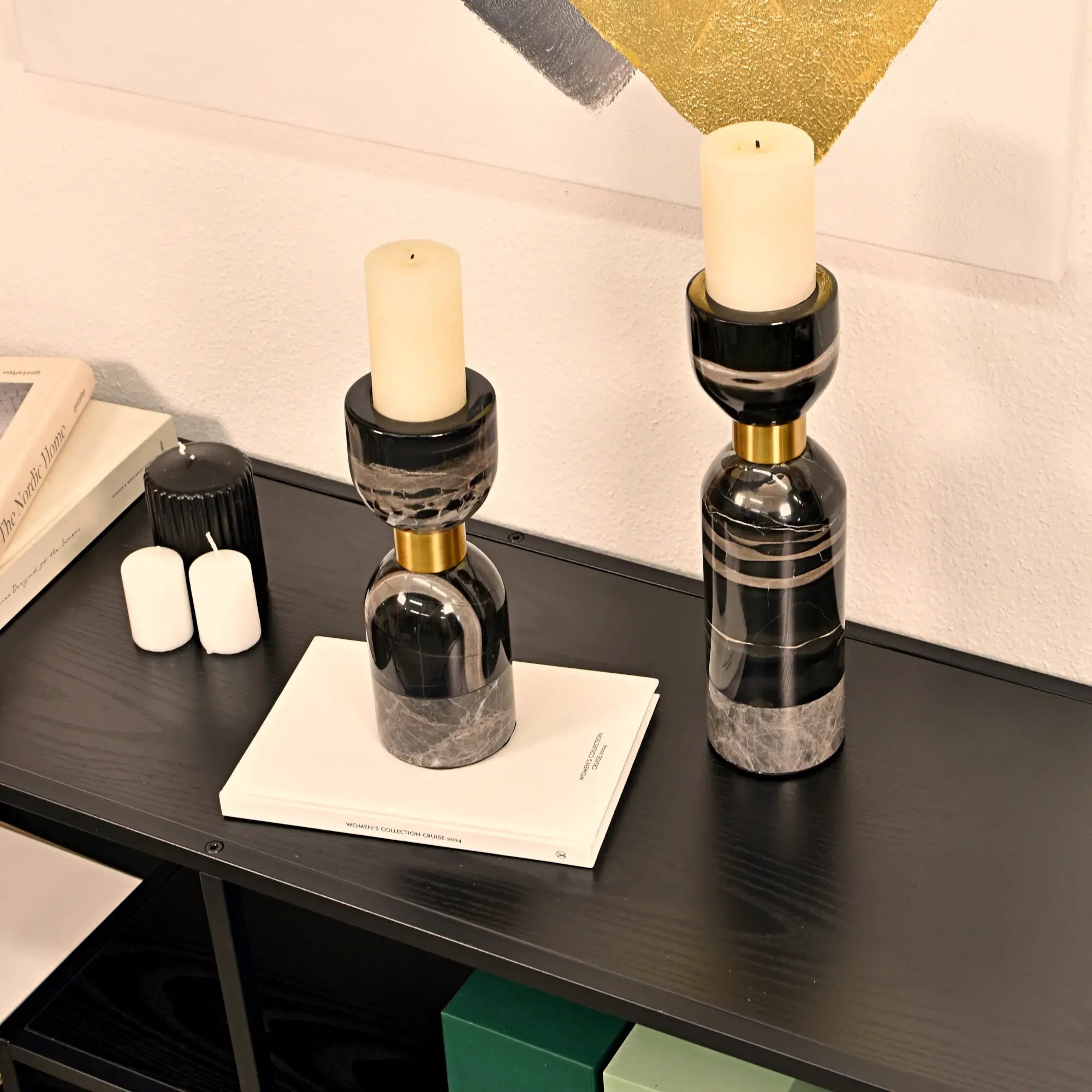 Kerzenständer - Marmor mit Goldakzent - Tischdeko Kerzenhalter edles Kerzenleuchter Obsidian Elegance Klein