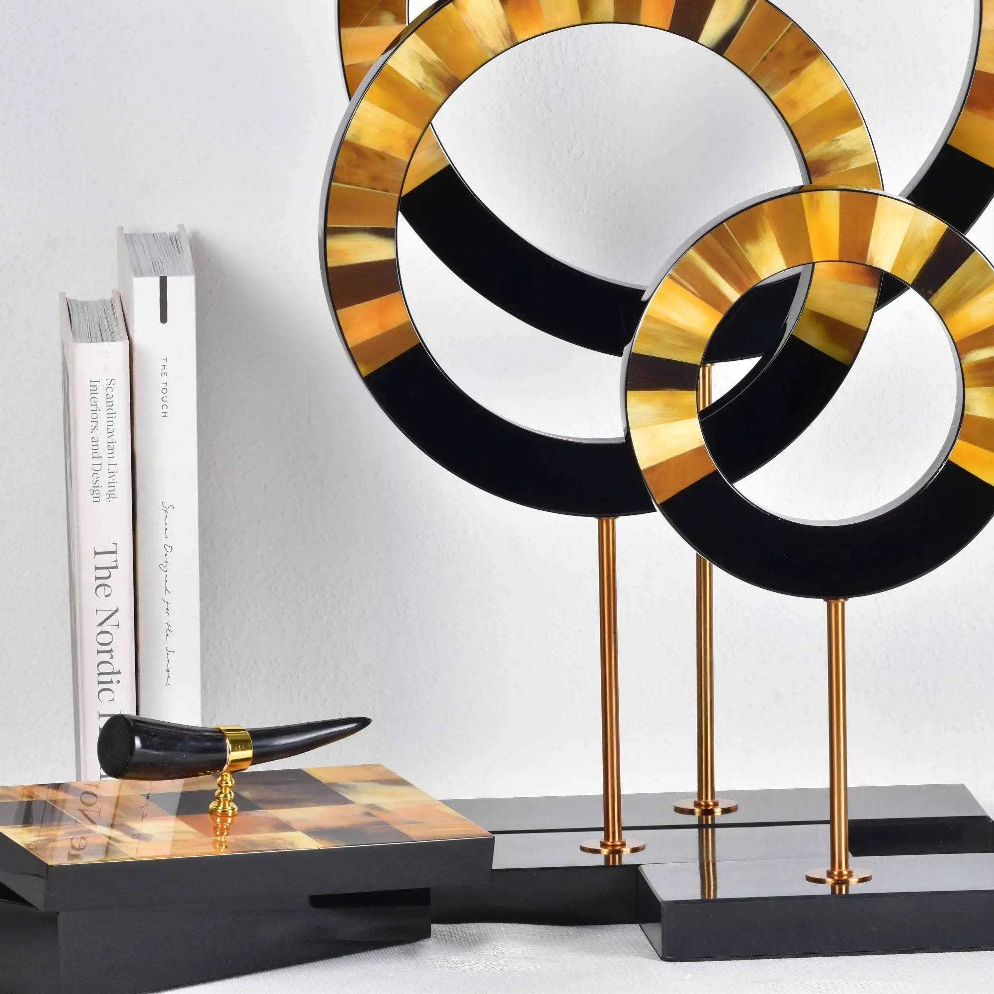 Dekoobjekt-Set - aus 3 Holzringen - Tisch und Regal Holzdekoration Designer Ringe Evidenza Gold