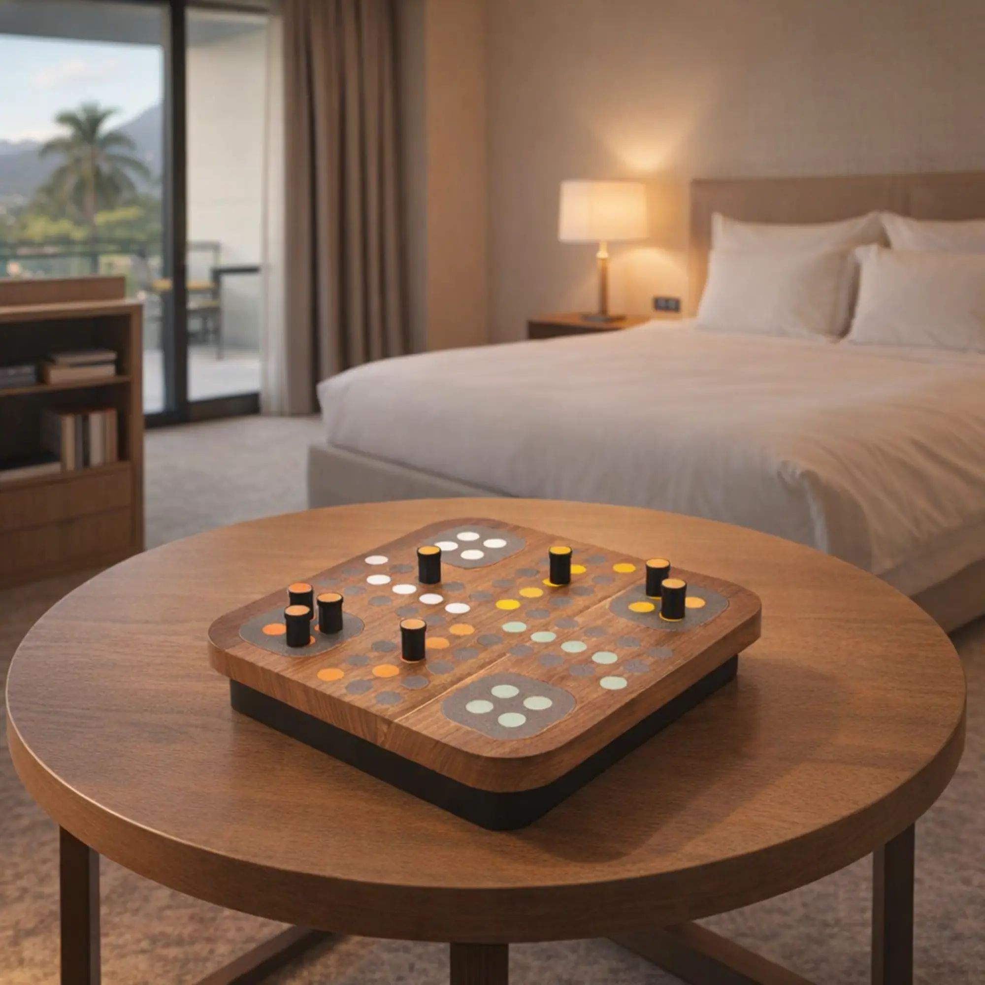 Solitaire-Spiel - Edles Design-Tischspiel aus Holz – Peg-Solitär auf mattschwarzem Sockel – Modernes Raster-Brettspiel – Ludus Équilibre aufgestellt im Interieur