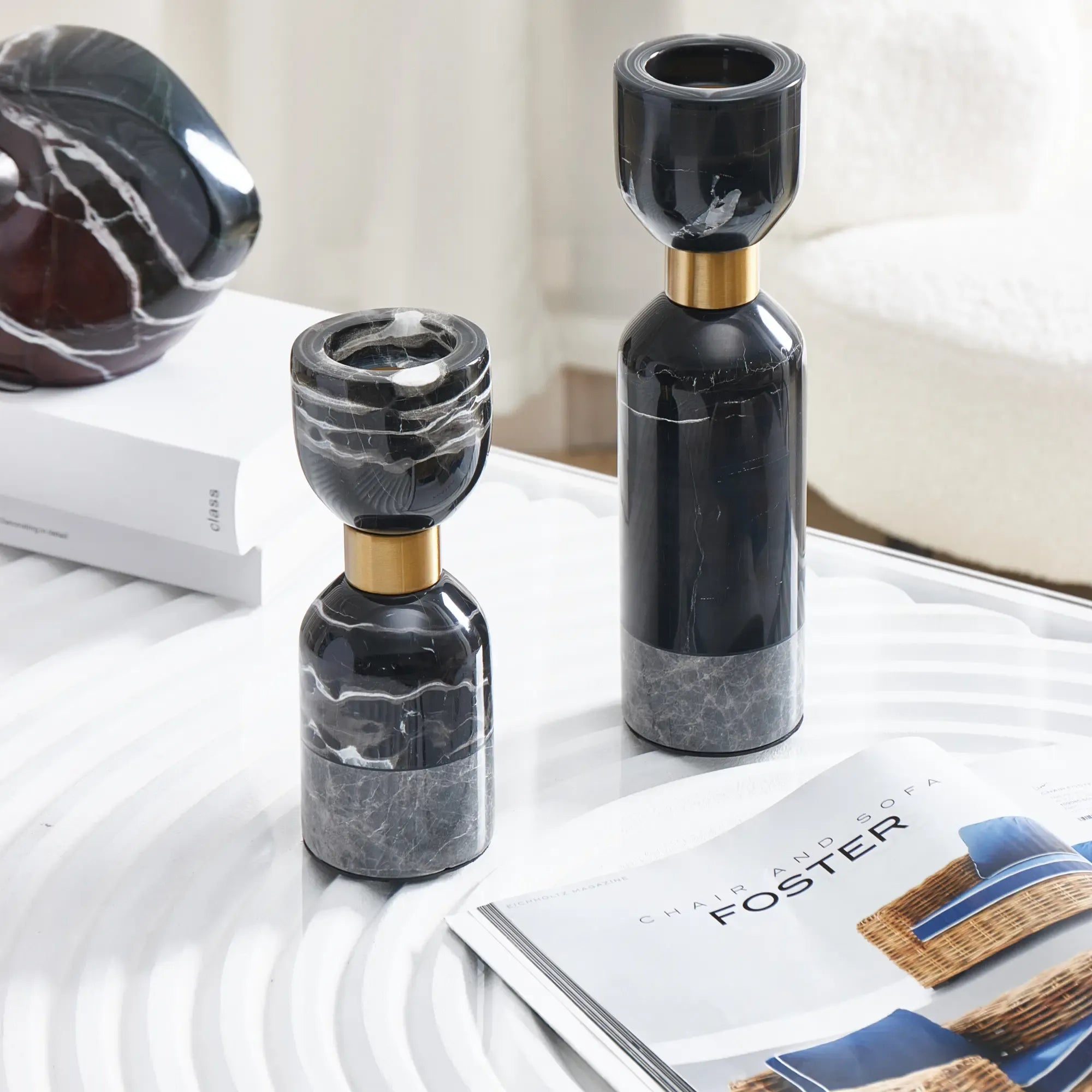 Kerzenständer - Marmor mit Goldakzent - Tischdeko Kerzenhalter edles Kerzenleuchter Obsidian Elegance Groß