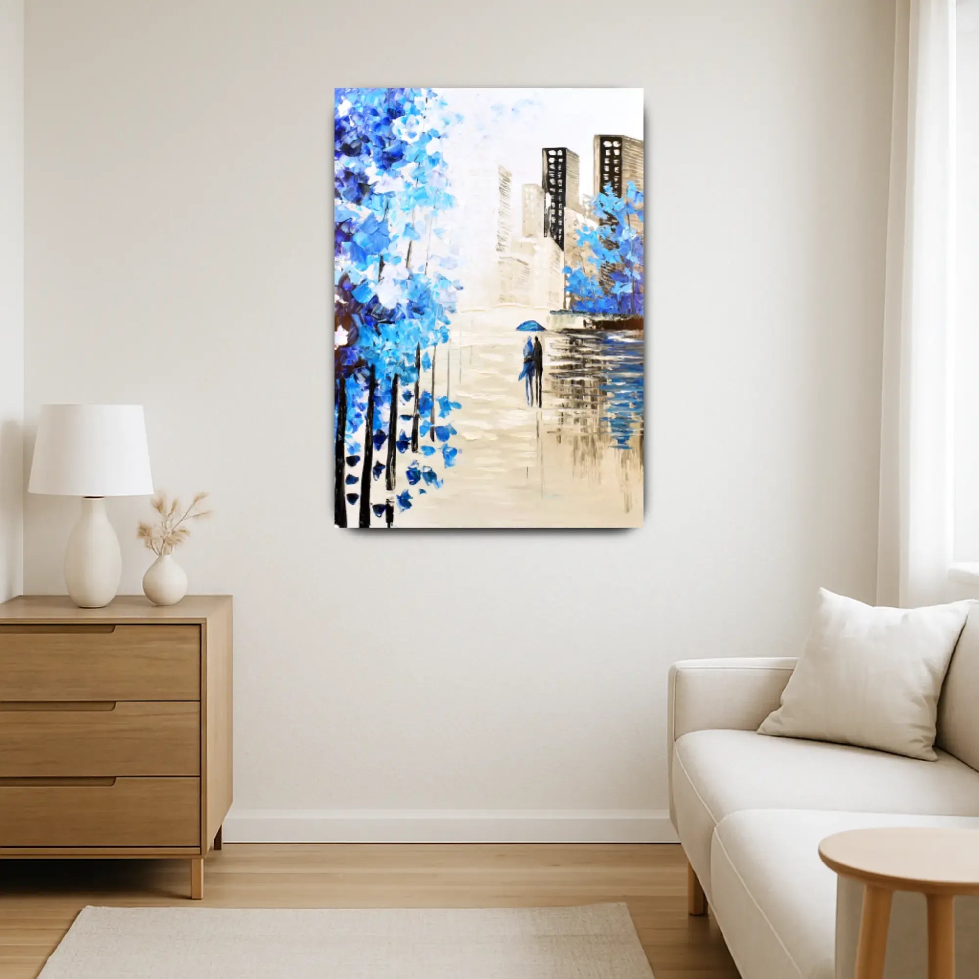 Großes Gemälde - Blauer Spaziergang aufgestellt im Interieur