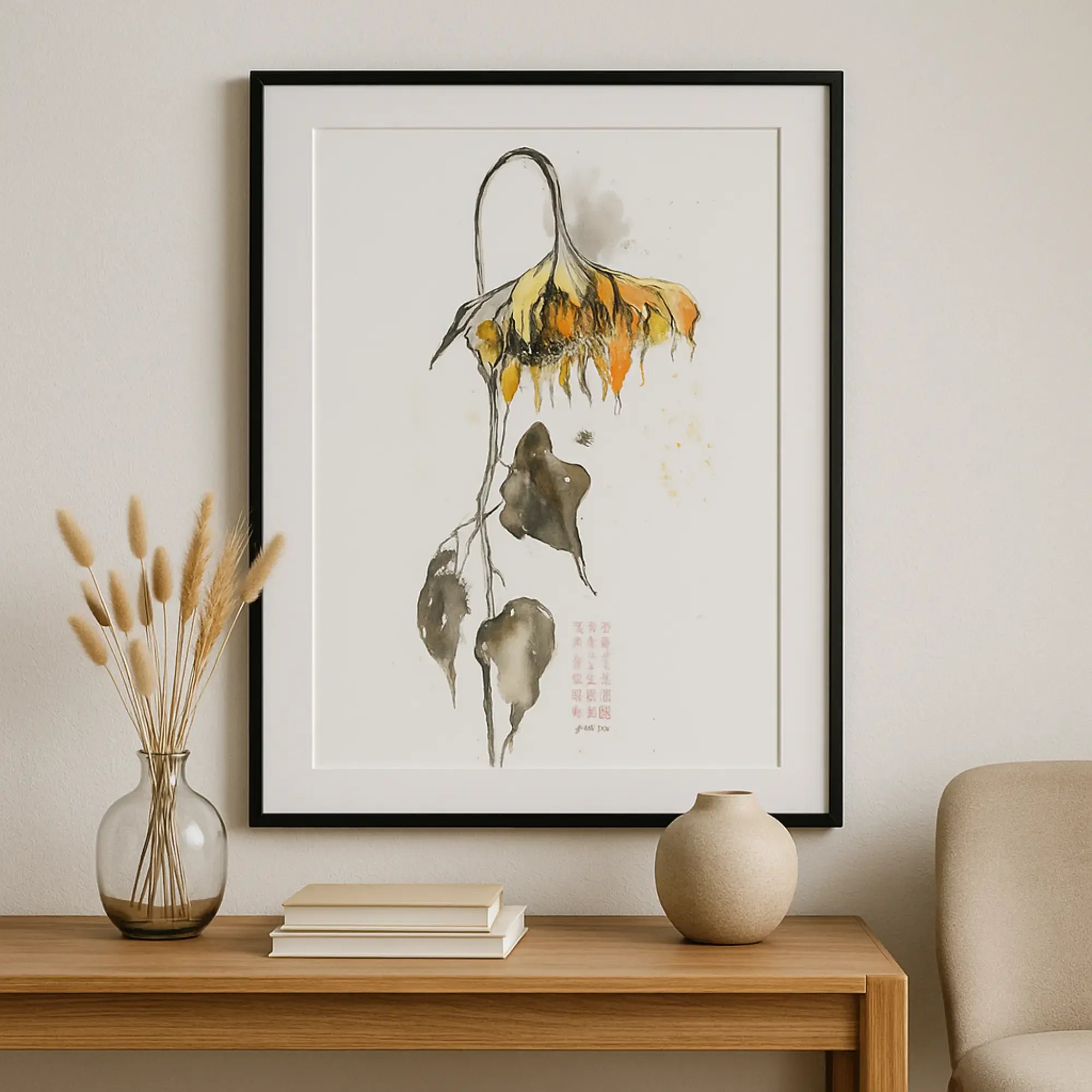 Großes Aquarellbild - Naturrealistisches Wandgemälde Élégie d’Helianthus aufgestellt im Interieur