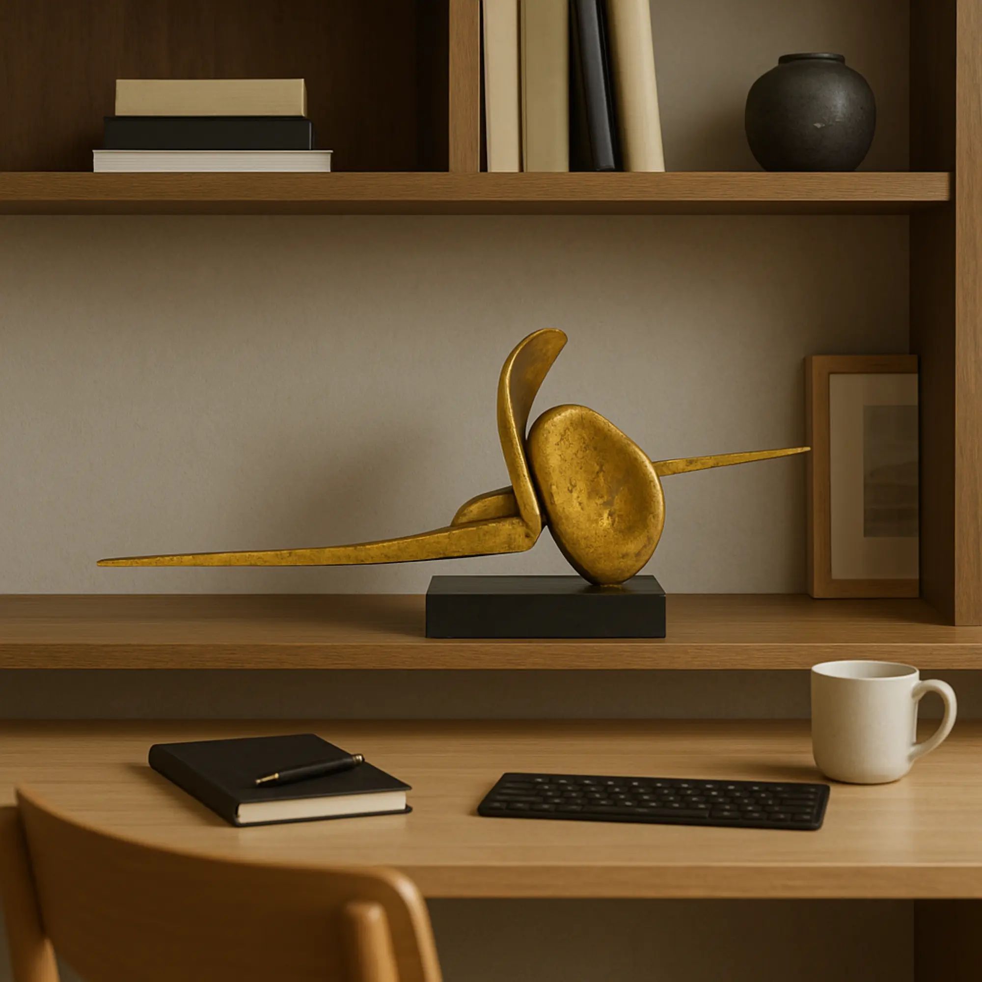 Dekoobjekt - auf Marmorsockel - Goldenes Kunstobjekt Dekorationfigur Abstrakt Momentum aufgestellt im Interieur